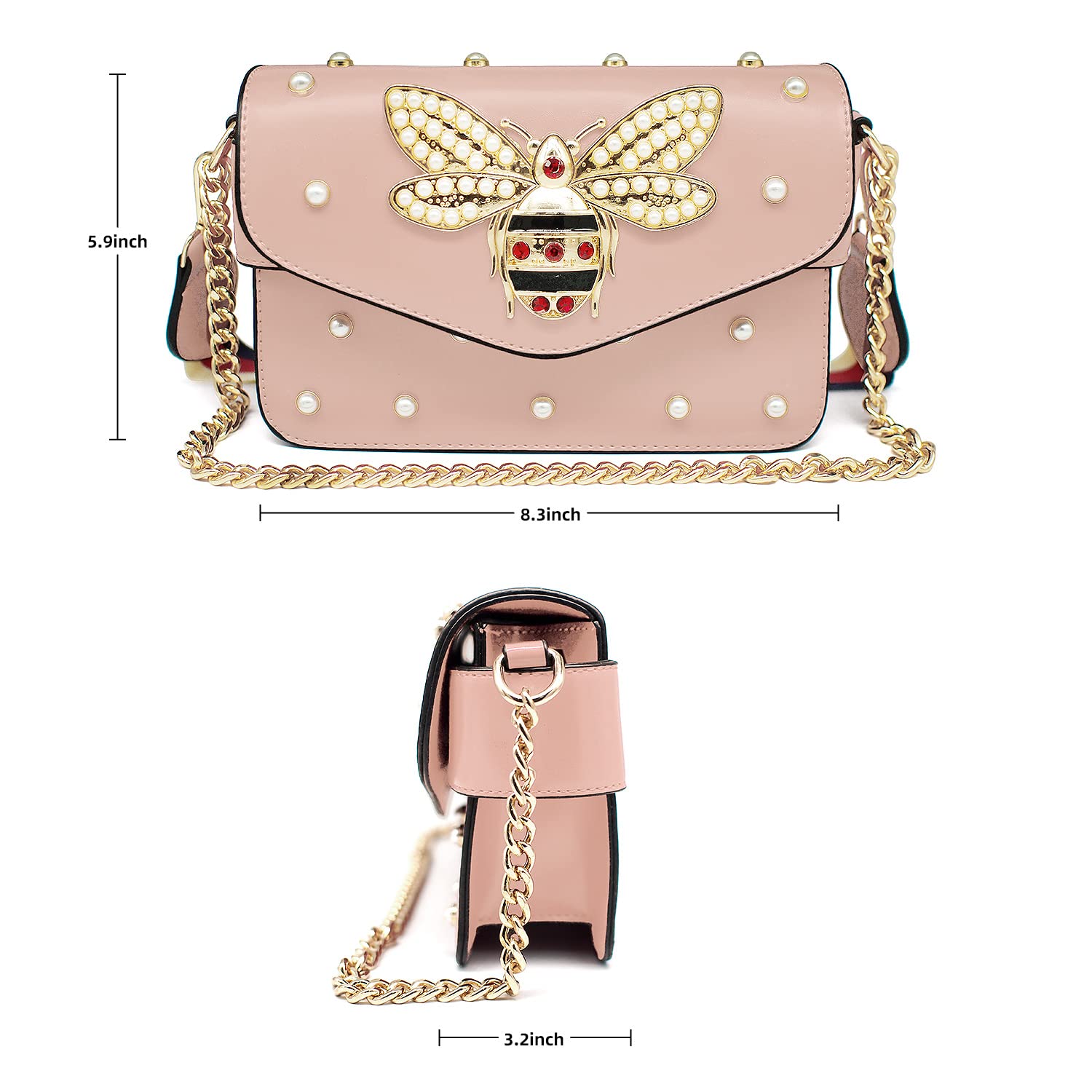 Designer Bee Crossbody Bag with Pearl - Women's PU Leather Clutch for Parties & Events