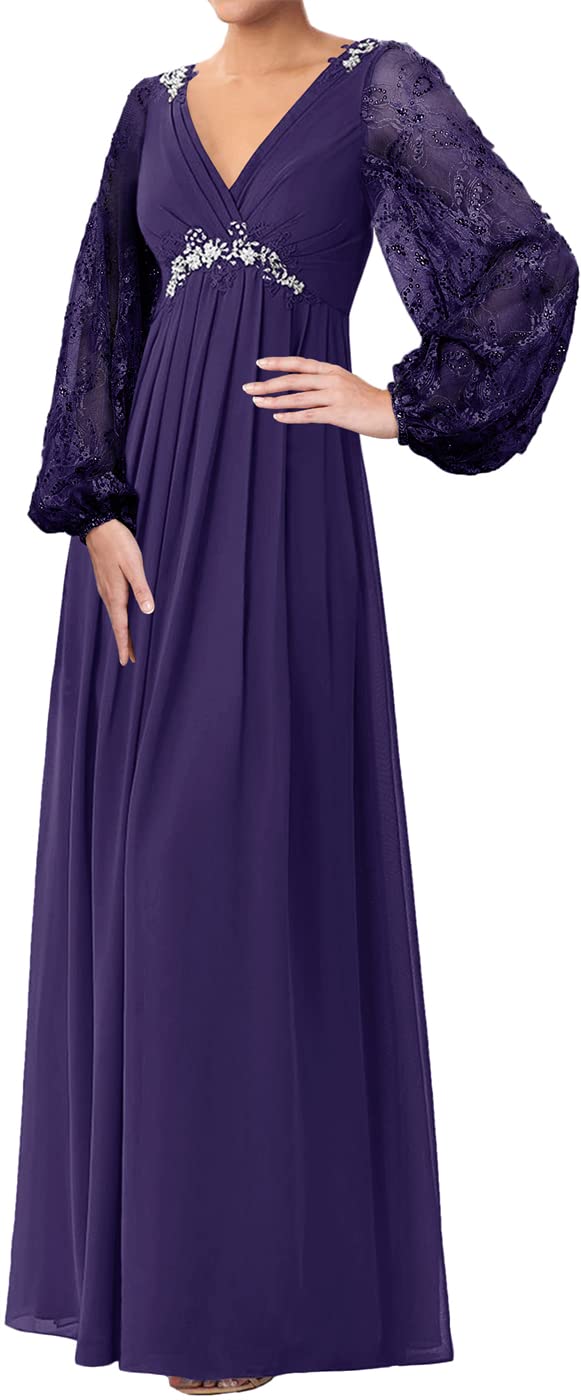 Elegant Mother of The Bride Dresses - Lace Long Evening Gowns with V-Neck & Chiffon Fabric - Women's Formal Wedding Guest Dresses with Long Sleeves - Perfect for Weddings, Galas & Special Occasions
