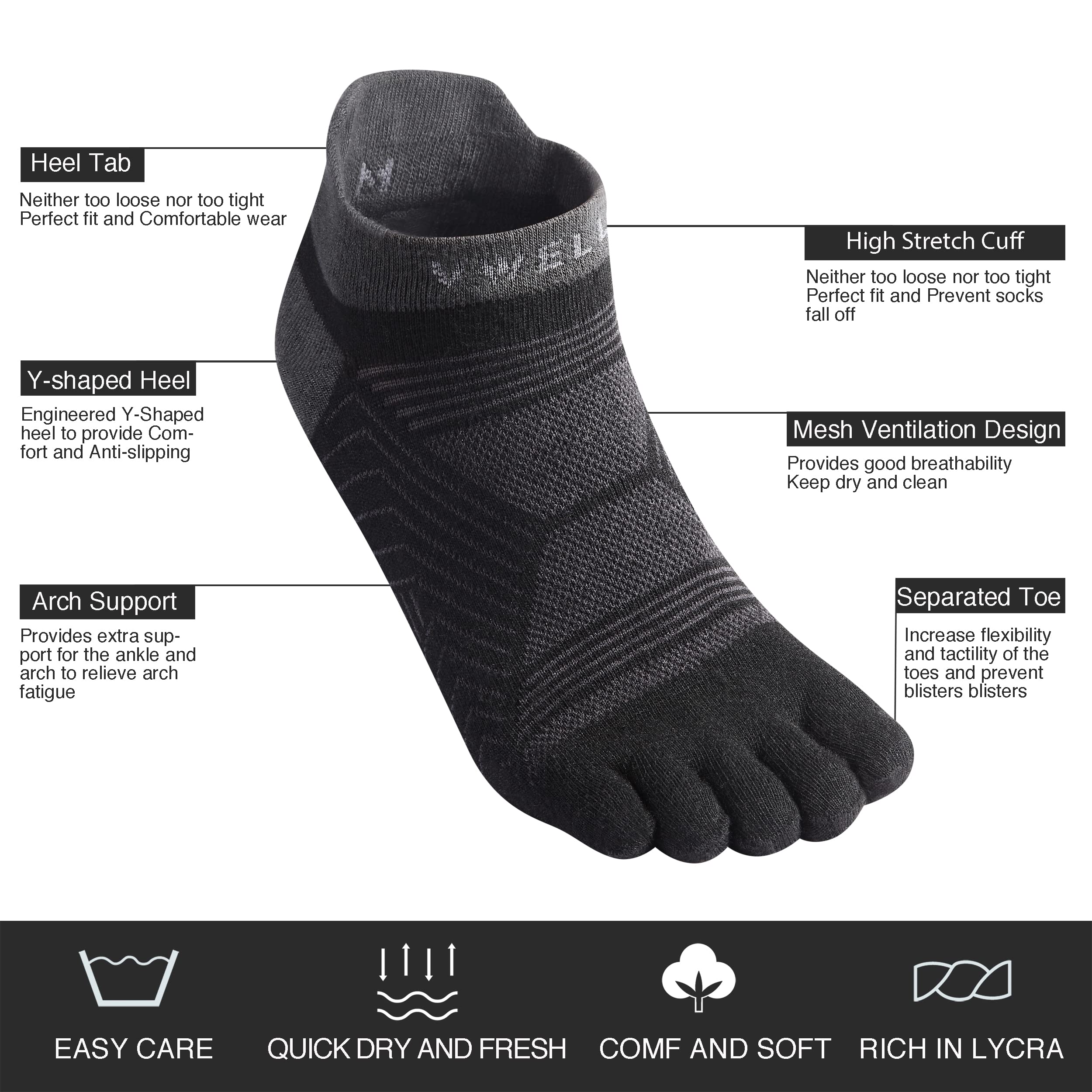 VWELL COOLMAX Performance Toe Socks for Men & Women - Breathable Athletic Five Finger Socks (3 Pairs) | Perfect for Running, Yoga & Sports Activities