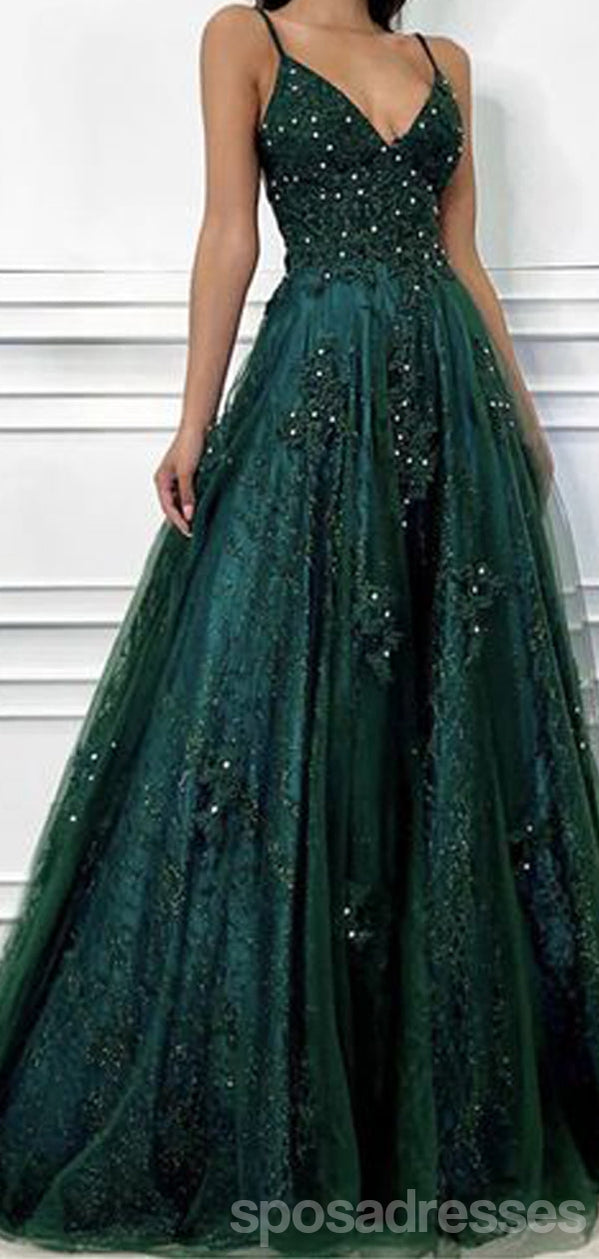 Elegant Green A-Line Spaghetti Strap V-Neck Maxi Long Prom Dress for Women - Perfect for Evening Gala, Formal Events & Special Occasions