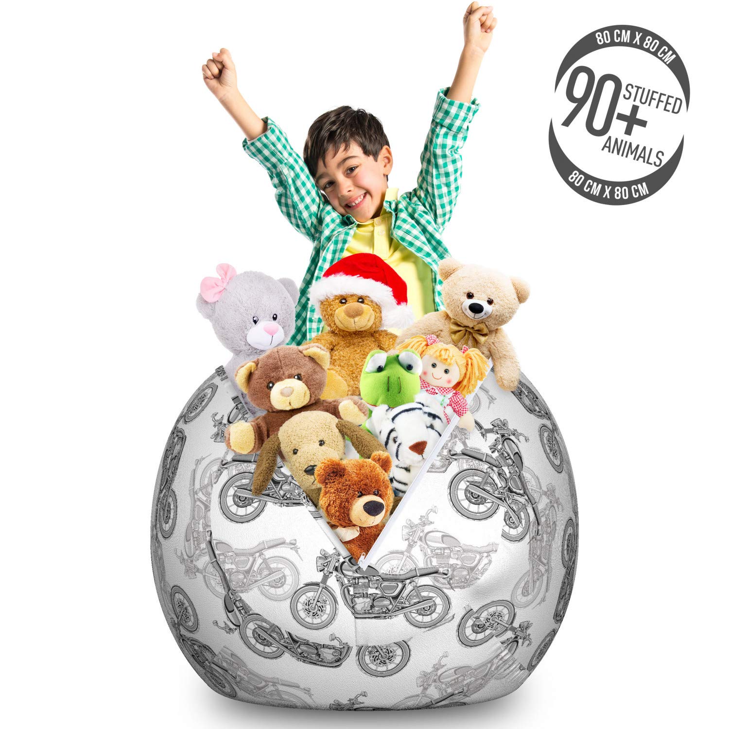 Ambesonne Motorcycle Storage Toy Bag Chair - Large Washable Stuffed Animal Organizer with Realistic Grayscale Classic Motorcycle Design | Perfect for Kids' Room, Nursery, Playroom & Toy Storage