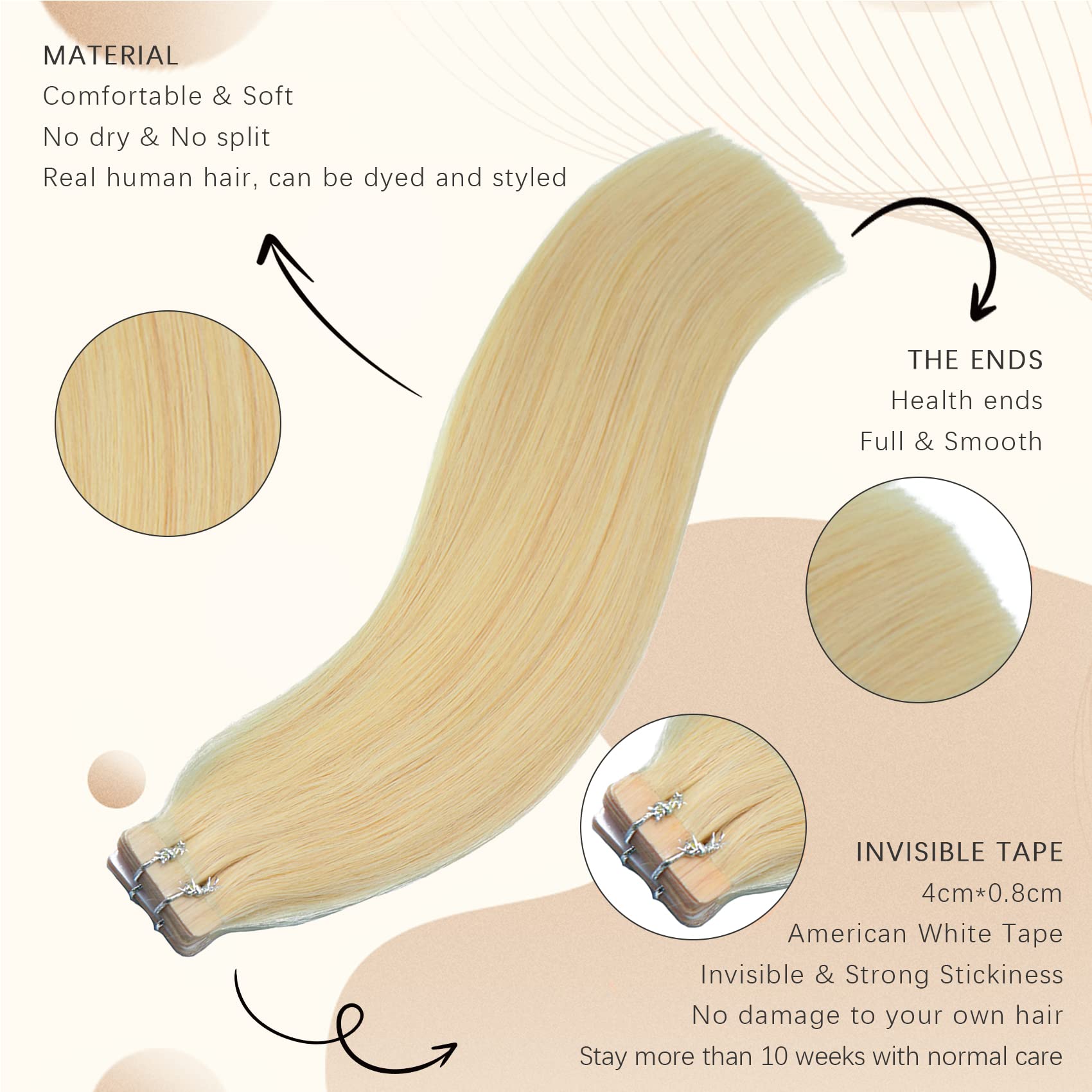 Premium 22Inch Tape-in Human Hair Extensions – Bleached Blonde 613# (50g/set 20pcs) | Seamless, Straight, Soft, No Tangling & No Shedding | Strong Adhesive for Long-Lasting Wear | Perfect for Daily Styling, Parties & Special Occasions