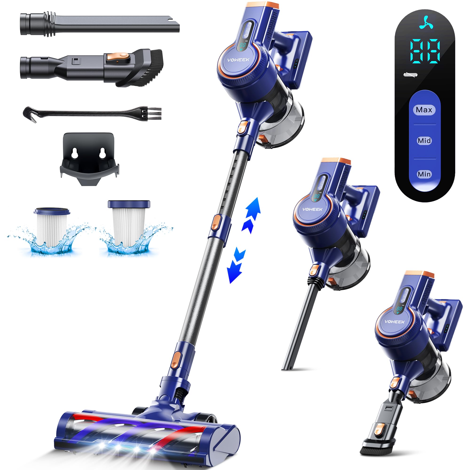Voweek 6-in-1 Cordless Stick Vacuum Cleaner - Lightweight Powerful Vacuum with 3 Speed Modes, LED Display, 45min Runtime for Hardwood Floors, Pet Hair, Home & Car Cleaning - Ideal for Quick Cleanups, Pet Owners & Small Spaces