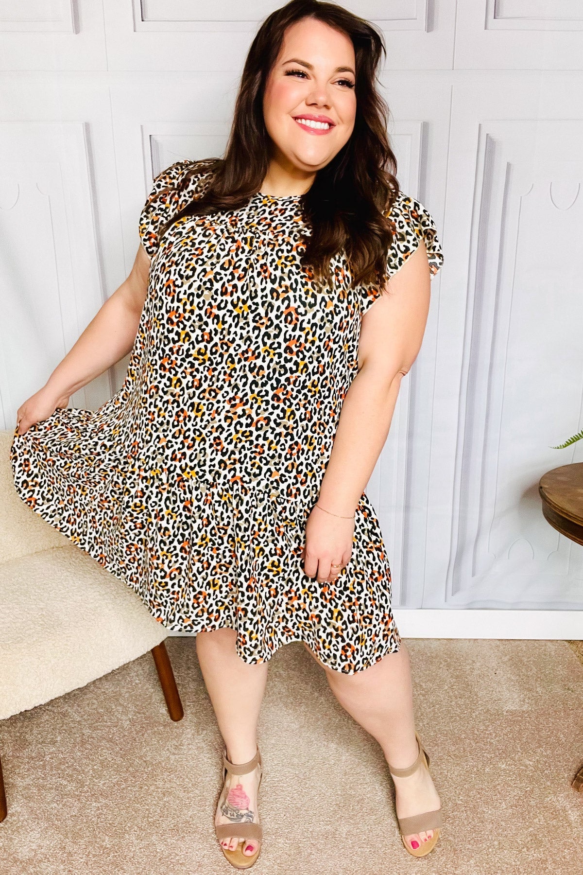 Stylish Taupe Leopard Print Tiered Ruffle Sleeve Woven Dress for Women | Elegant Party, Date Night & Special Occasion Outfit