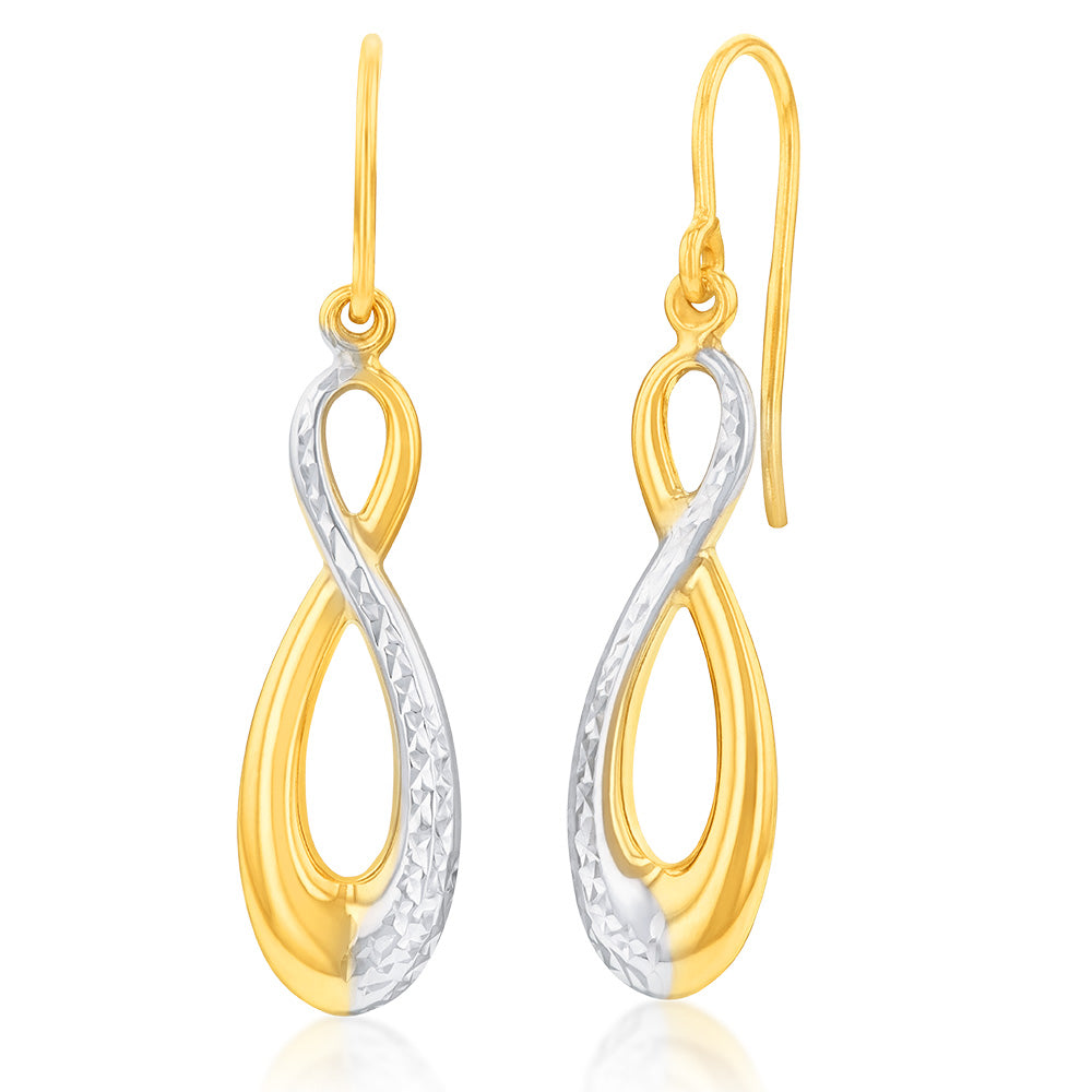 9ct Yellow and White Gold Silver-Filled Infinity Drop Earrings for Women – Elegant Dangle Hoop Earrings for Parties, Weddings, and Everyday Wear