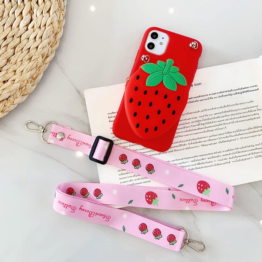 Samsung Galaxy A12 5G Case - Cute 3D Strawberry Soft Silicone Crossbody Wallet Phone Case with Card Pouch, Detachable Lanyard & Kickstand | Shockproof Protective Cover for Women, Girls | Perfect for Shopping, Travel & Daily Use