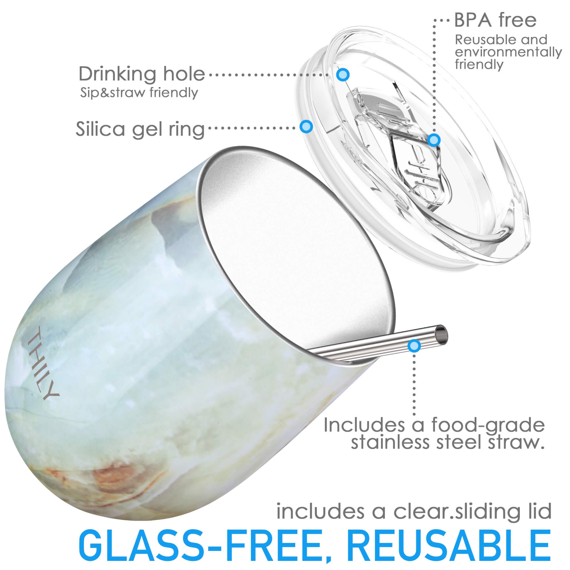 THILY 12 oz Stainless Steel Stemless Wine Tumbler 4 Pack - Vacuum Insulated Travel Wine Glasses with Sliding Lids & Straws, Keeps Drinks Cold for Juice, Coffee & Beer (4 Different Marble Colors) - Perfect for Picnics, Camping & Outdoor Parties