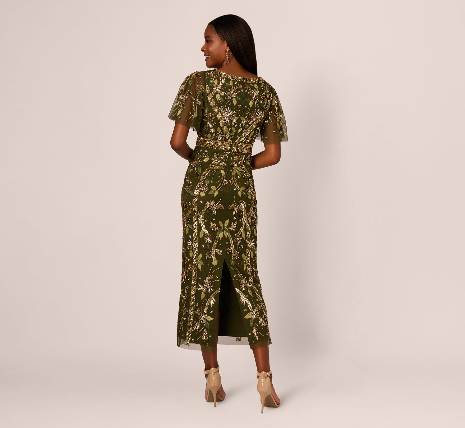 Sequin Beaded Olive Green Ankle Length Dress with Flutter Sleeves - Perfect for Evening Parties, Cocktail Events & Special Occasions