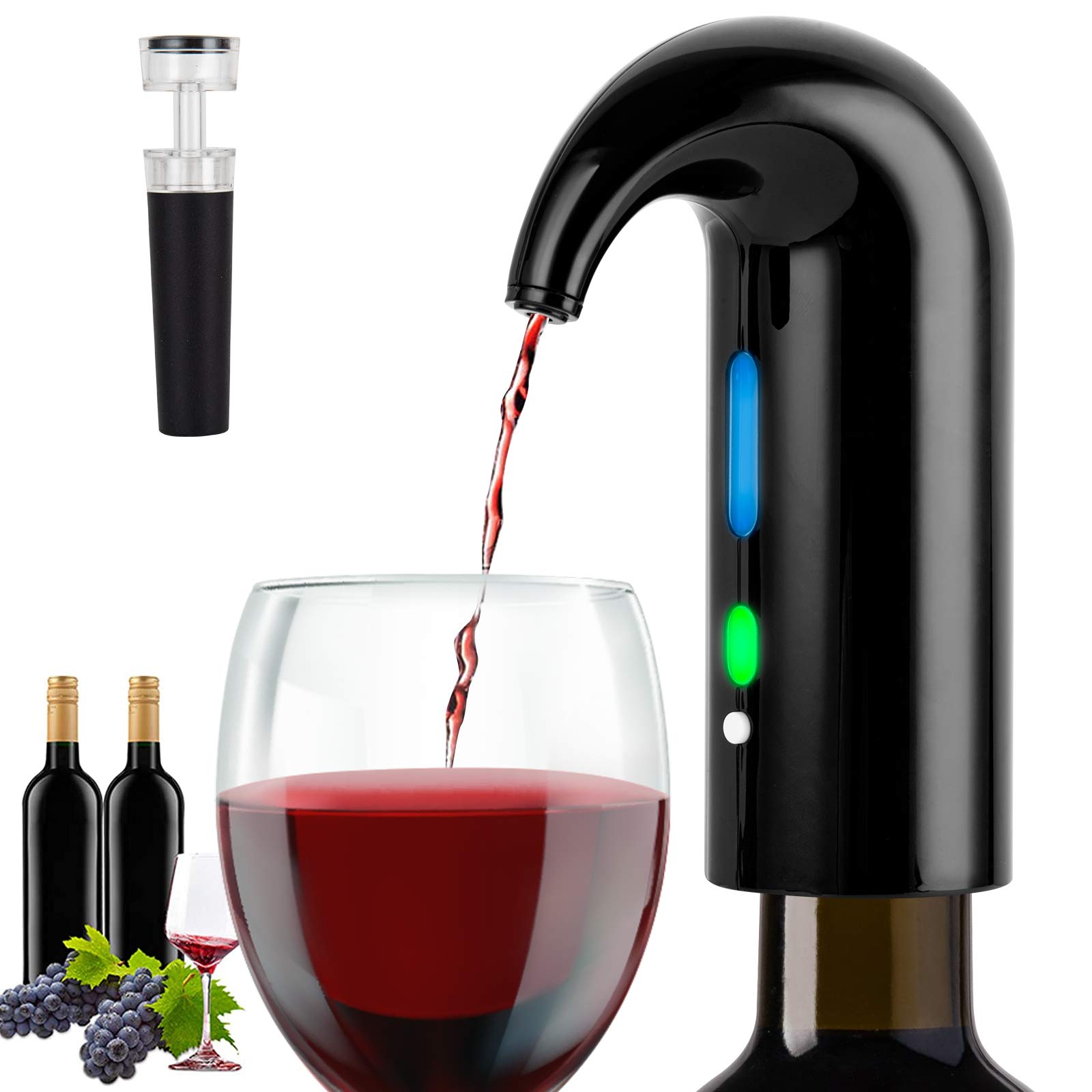 Electric Wine Aerator & Dispenser with Vacuum Stopper - Automatic Wine Pourer for Red & White Wines - Premium Wine Accessories Gift for Wine Lovers (Black) | Perfect for Dinner Parties, Wine Tastings & Home Bars