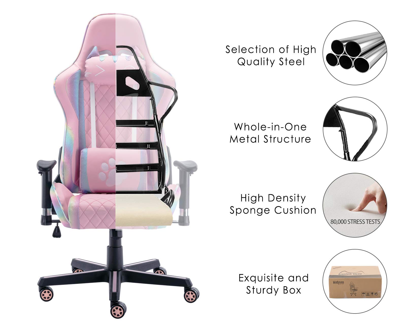 Pink Gaming Chair with Lumbar Support & Kitty Headrest - Ergonomic Office Computer Desk Chair for Women, Perfect Gift for Girlfriend (Black Rainbow) - Ideal for Gaming Setups, Home Office & Streaming Stations