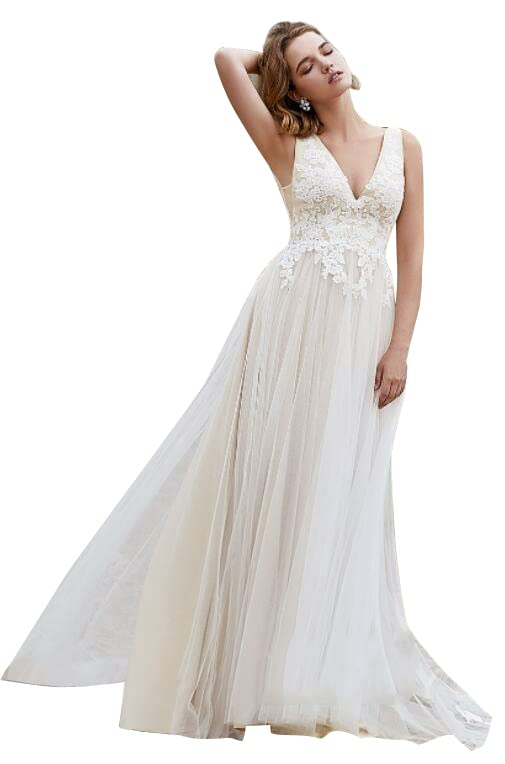 Elegant Lace Wedding Dress for Bride – V Neck Backless A-Line Plus Size Bridal Gown for Beach, Garden & Destination Weddings | Perfect for Outdoor Ceremonies & Romantic Photos