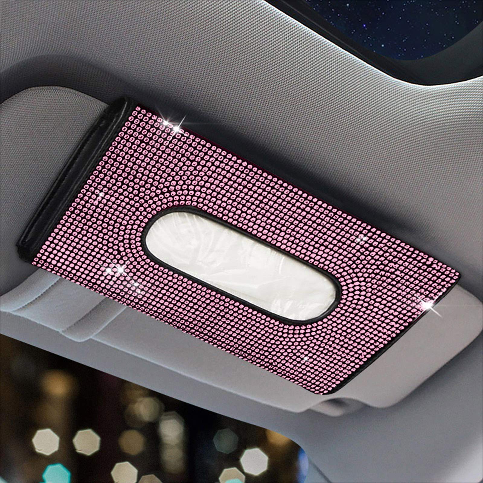 Sparkling Crystal Diamond Car Tissue Box Holder for Sun Visor - Elegant Pink Napkin Organizer for Women | Perfect for Road Trips, Commutes & Luxury Car Accessories