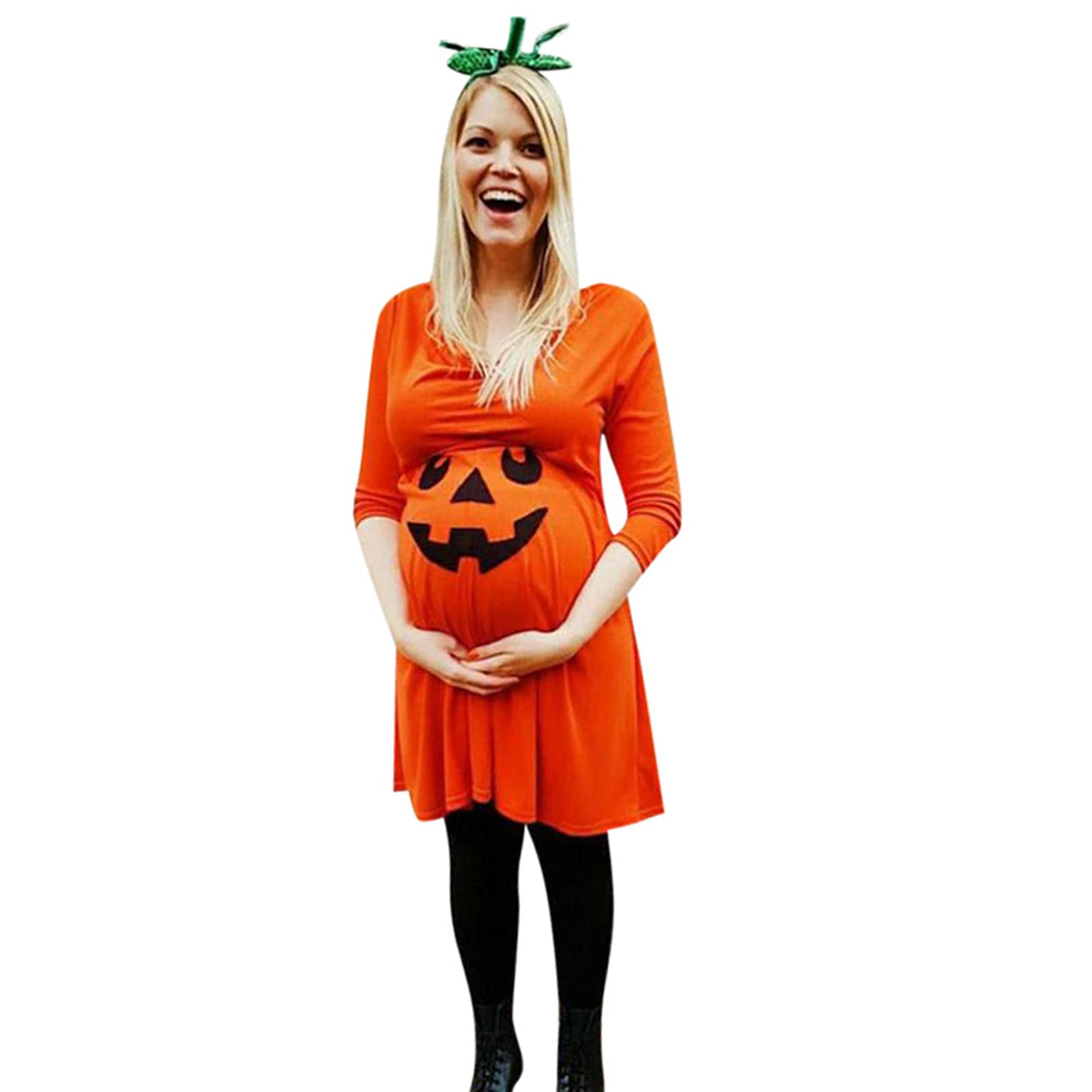 Stylish Pumpkin Print Maternity Dress for Women - Halloween Pregnancy Formal Wear - Perfect for Baby Showers, Fall Parties & Family Photos