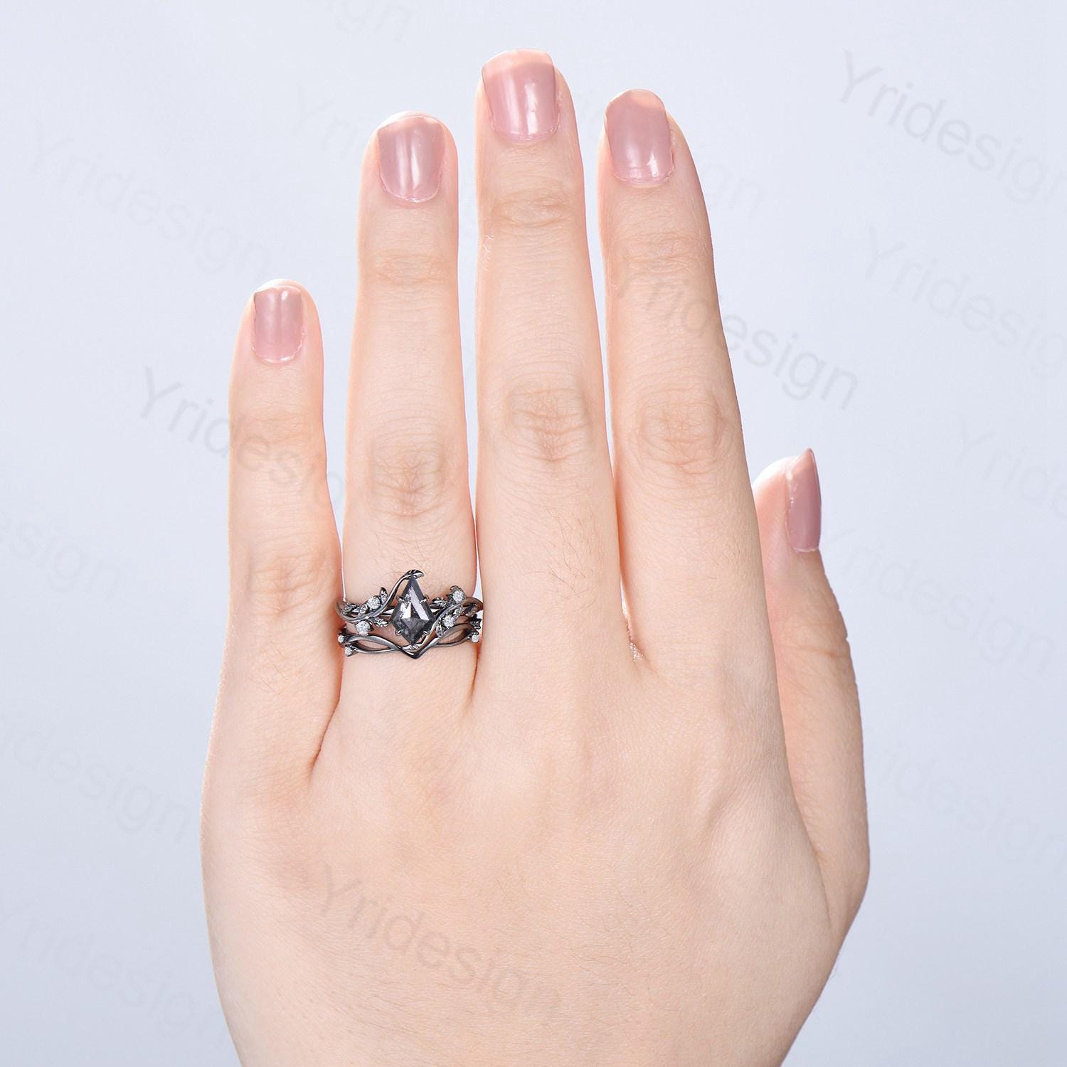 Vintage Kite Cut Salt and Pepper Diamond Engagement Ring - Nature Inspired Leaf Vine Bridal Set for Women | Unique Wedding Jewelry for Brides, Anniversary Gifts, and Romantic Proposals
