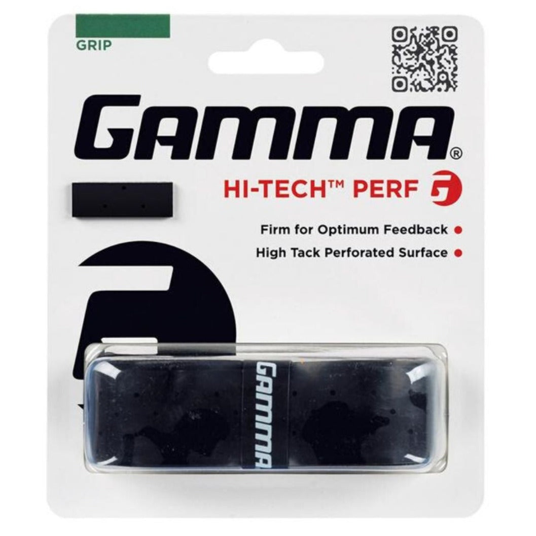 Gamma Hi-Tech Perforated Replacement Tennis Grip - Black | Non-Slip Sweat Absorption | Perfect for Tennis, Badminton & Squash Rackets