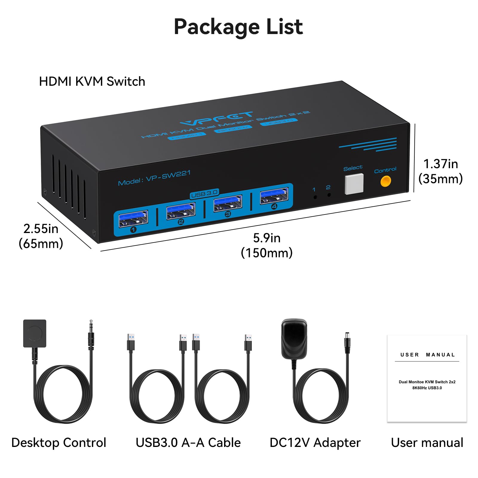 8K HDMI KVM Switch for Dual Monitors & 2 Computers - Supports 8K@60Hz & 4K@120Hz, 4-Port USB 3.0 Hub, PC Extended Display, Includes Desktop Controller & 2 USB Cables - Perfect for Home Office, Gaming & Multi-Tasking Workstations