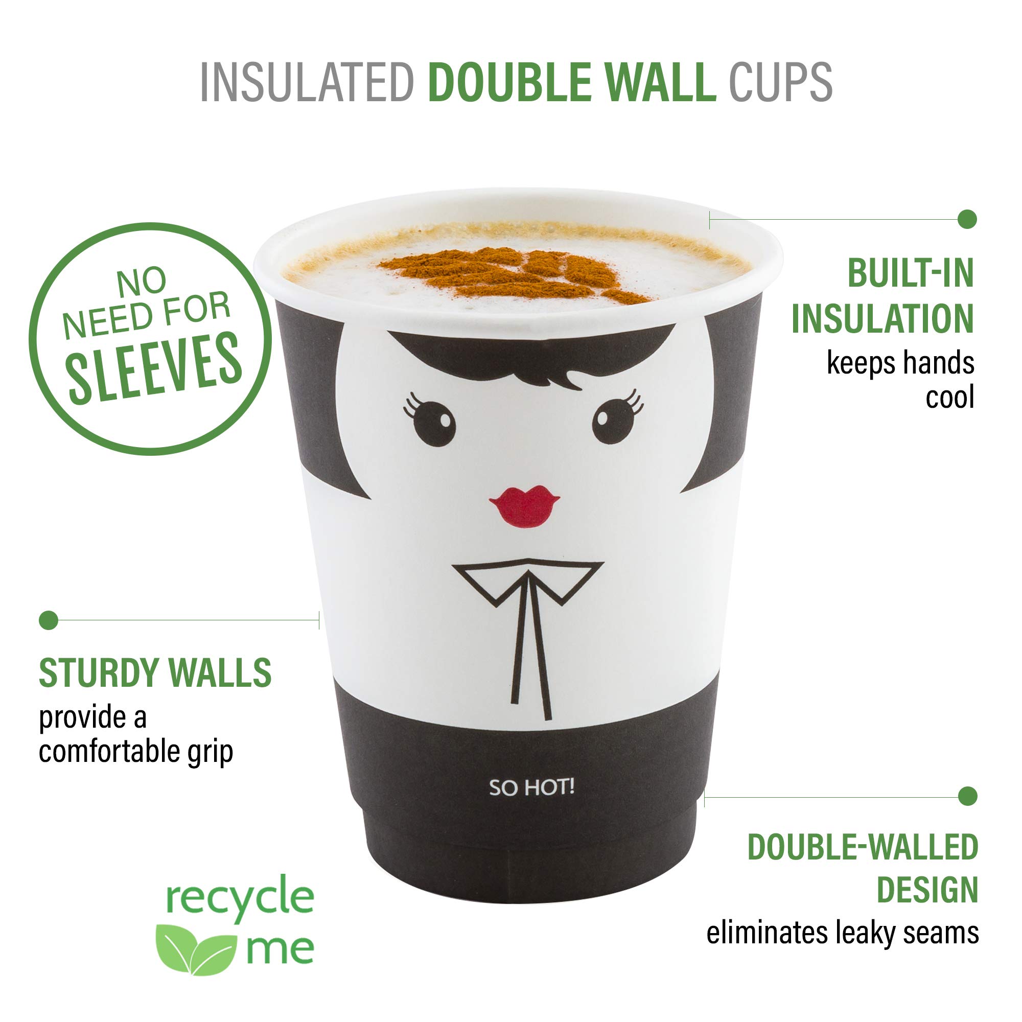 16oz Disposable Paper Coffee Cups - Leakproof & Insulated Hot Drink Cups with Matching Lids (Sold Separately) | Eco-Friendly Recyclable Black & White Design for Restaurants, Cafes & Office Break Rooms