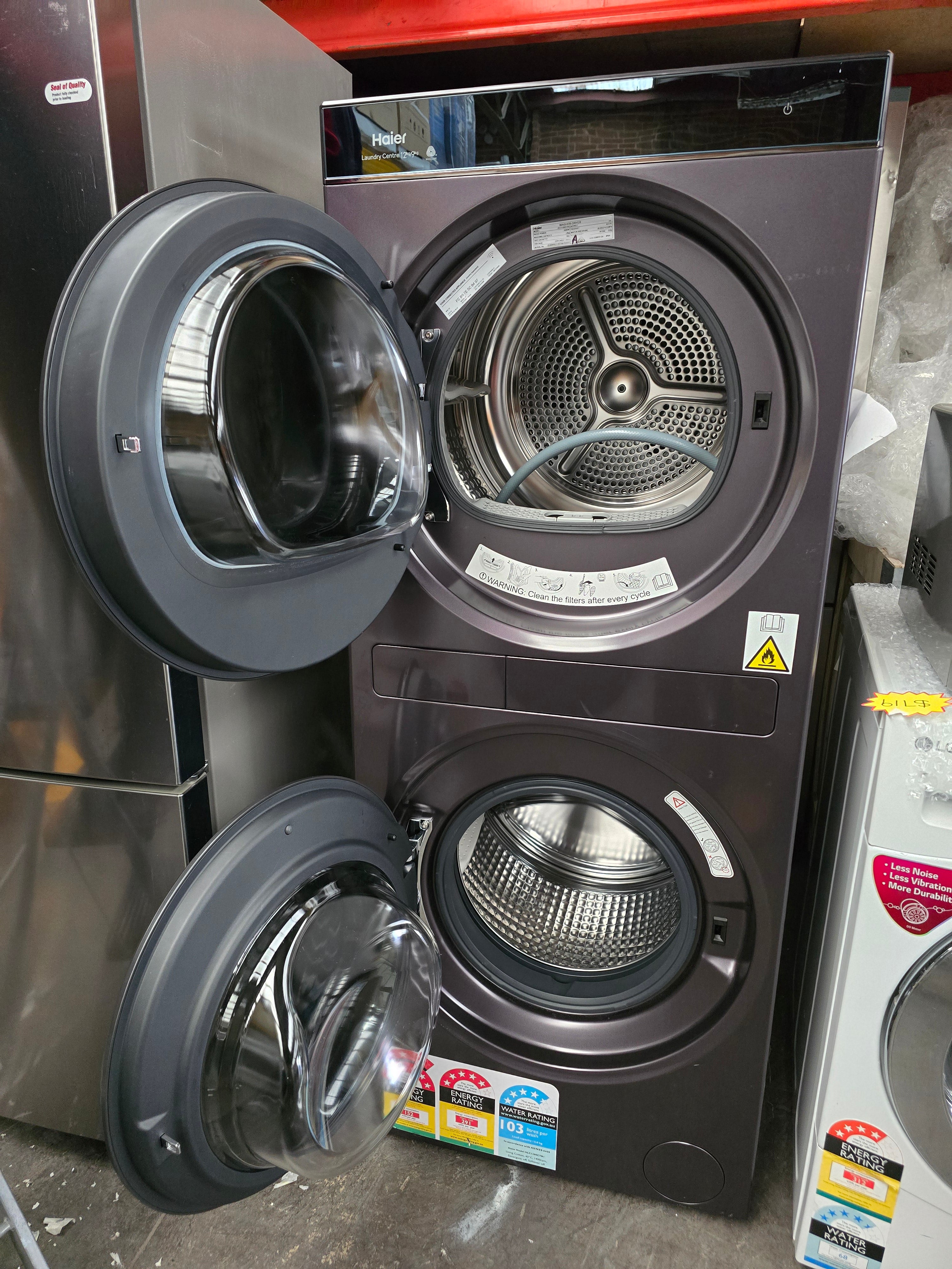 Haier 12kg Washing Machine & 9kg Heat Pump Dryer Combo - HLC1290CTB1 Laundry Center with Dark Finish | Energy Efficient, Space Saving | Perfect for Apartments & Small Homes (Factory Second)