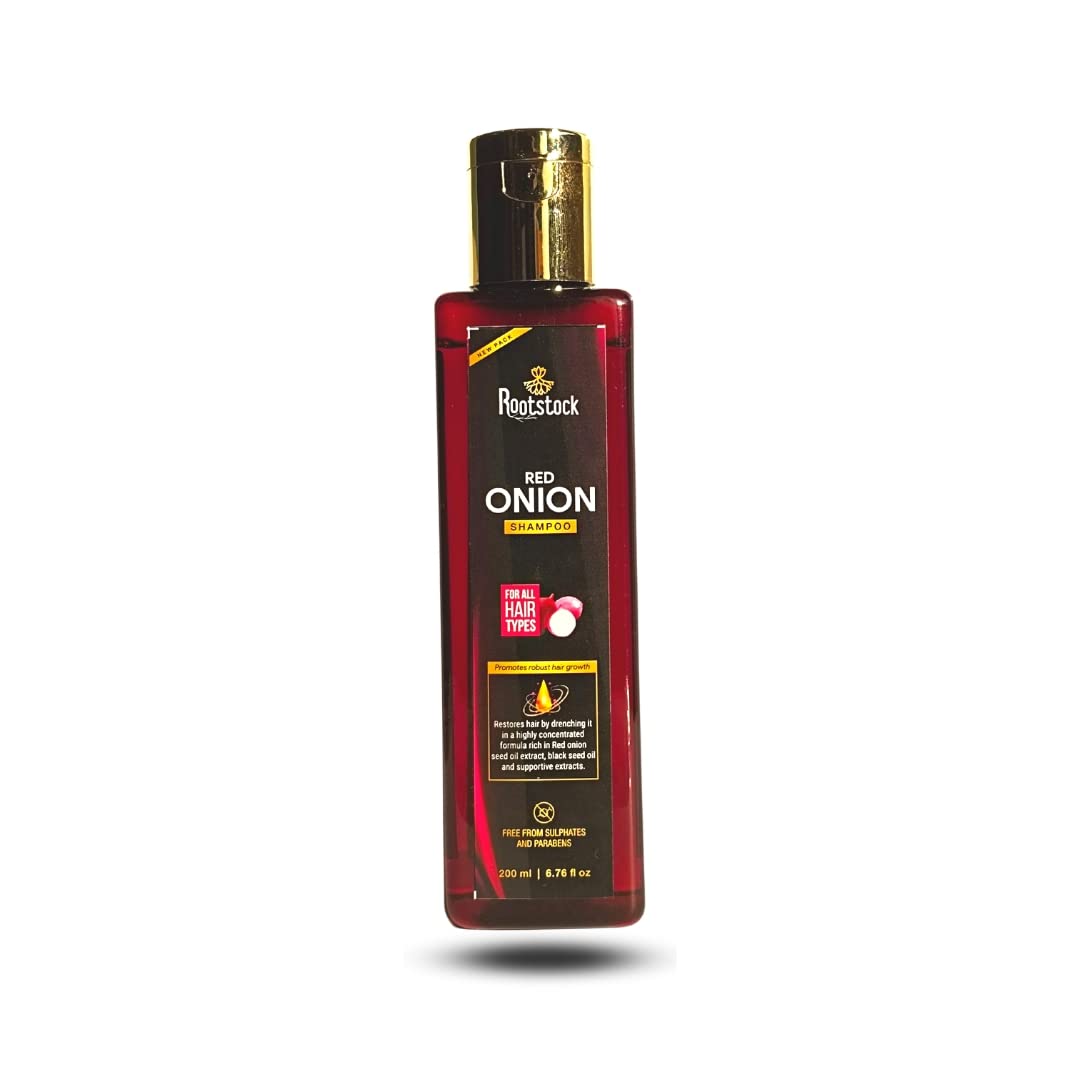 Organic Rootstock Red Onion Hair Shampoo 200ml - Sulfate Free & Paraben Free Shampoo for Hair Growth, Anti Hair Fall & Scalp Care | Strengthens & Nourishes Hair | Pack of 1 | Perfect for Daily Use & Damaged Hair Repair