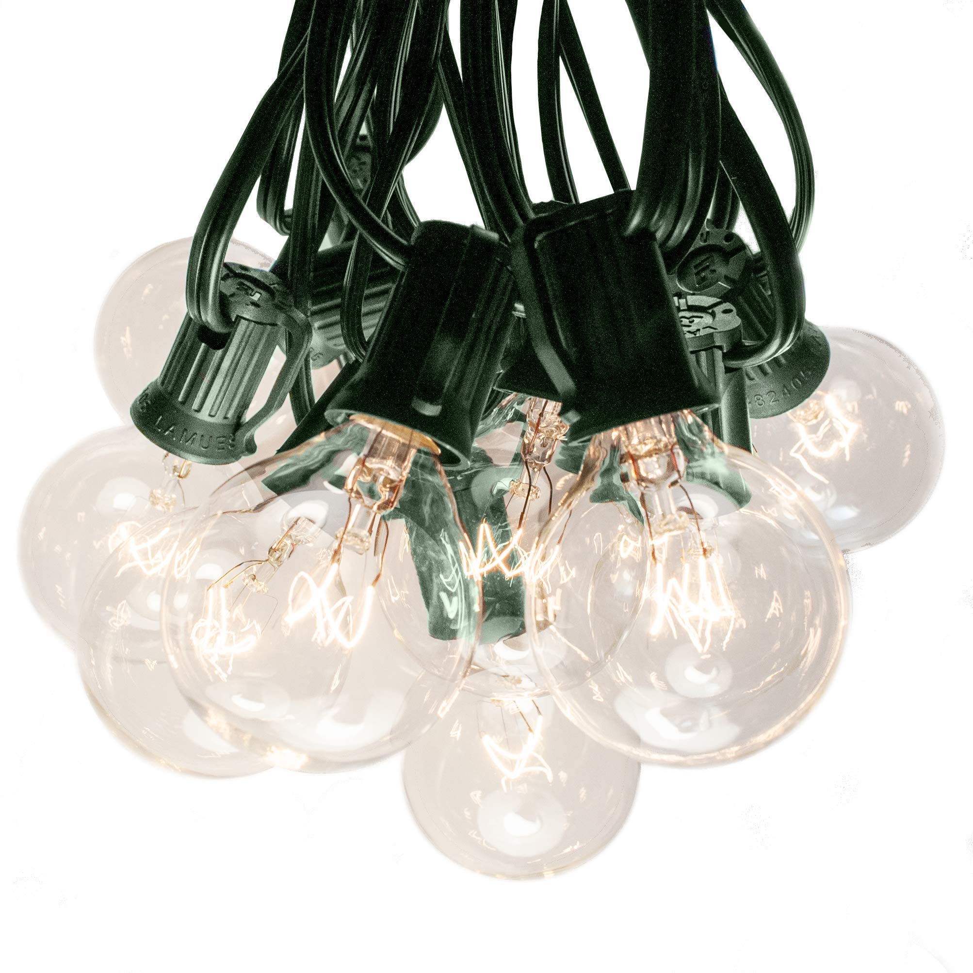 50 Foot G40 Globe Patio String Lights with Clear Bulbs & Green Wire - 2 Free Spare Bulbs Included | Outdoor Cafe, Garden, Backyard, Wedding & Party Decoration Lights