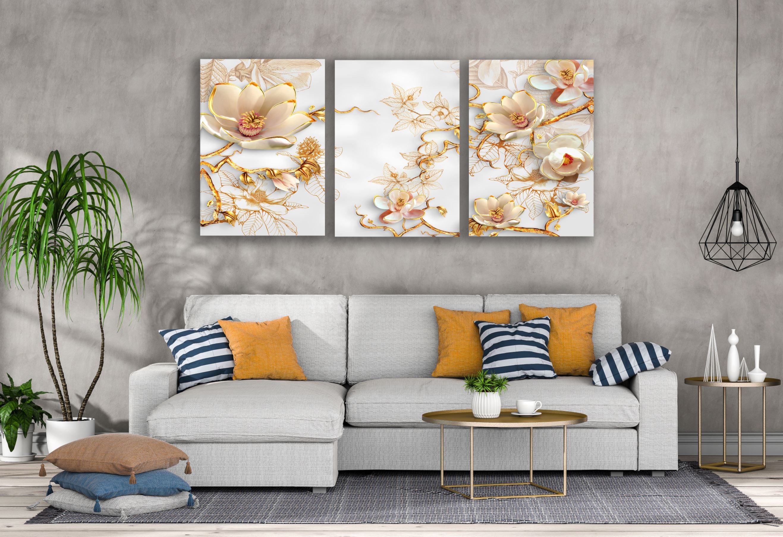 3 Set White & Gold Floral 3D Wall Art Canvas - Premium Quality Australian Made Home Decor - Ready to Hang for Living Room, Bedroom & Office Decorations