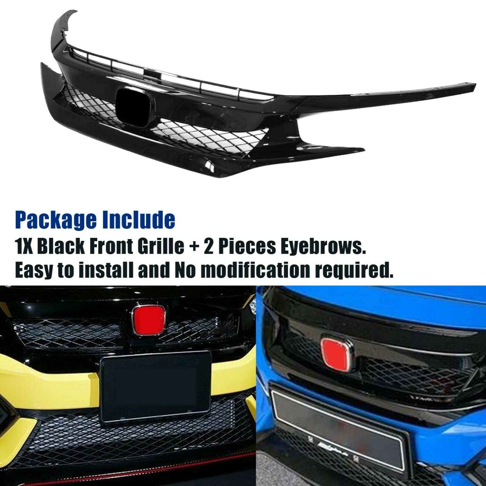Type-R Style Front Bumper Grille & Hood Mesh Grill for 2016-2018 Honda Civic Si Hatchback/Sedan - Eyebrows Included | Aggressive Look Upgrade | Street Racing & Car Show Accessory
