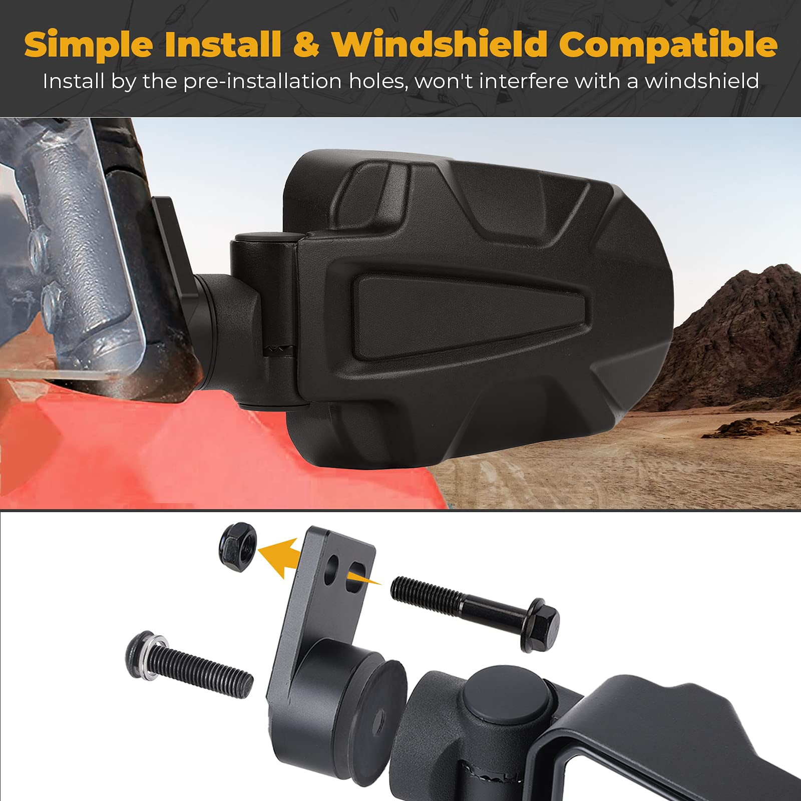 KEMIMOTO Adjustable Folding Aluminum UTV Side Mirrors - Compatible with 2014-2023 Polaris RZR XP 900/1000 Turbo Trail - Durable Bolt-On Clamp Mount Accessories for Off-Road Adventure & Trail Riding