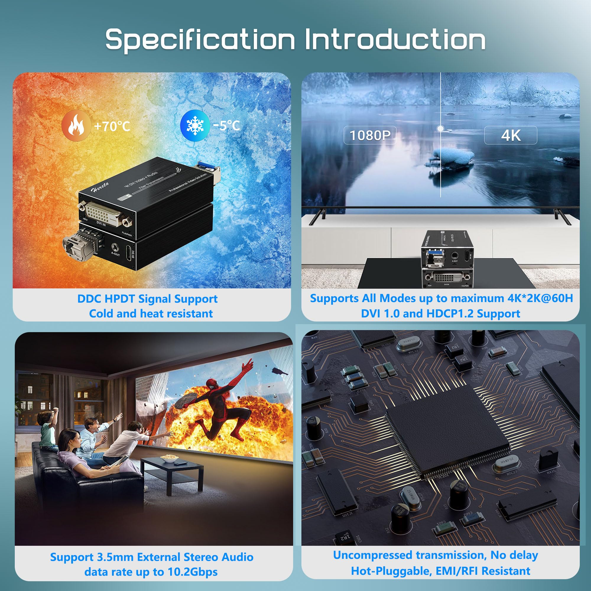 4K HD Mini DVI to Fiber Optic Extender - 20km Single-Mode Video Converter with External Stereo Audio | Ideal for Long-Distance CCTV, Broadcast & Conference Room AV Systems