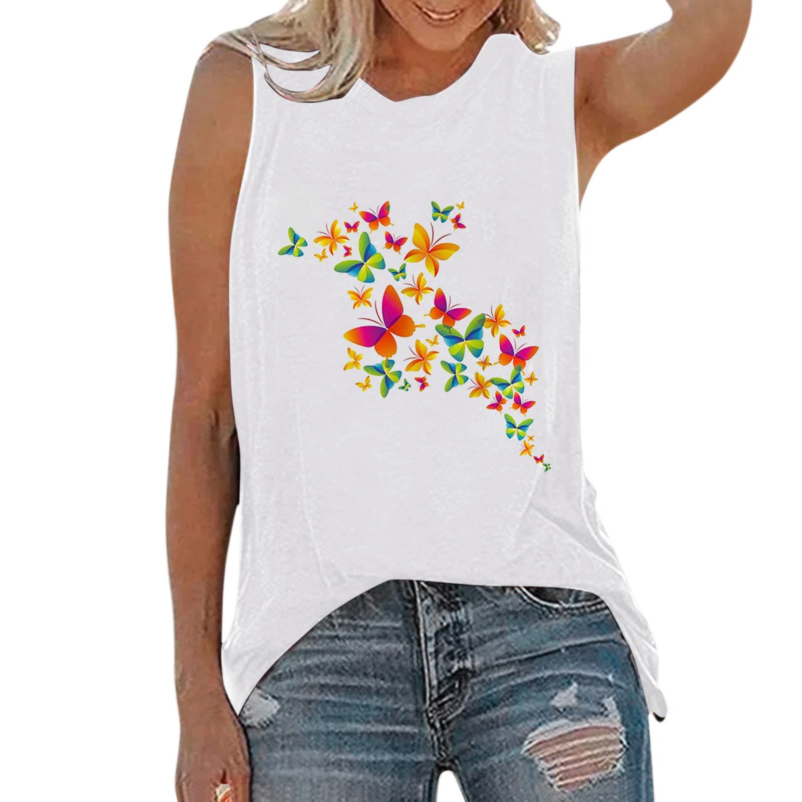 Women's Casual Butterfly Print Tank Tops - Sleeveless Summer Blouses & Beach Vests for Outdoor Activities, Travel, and Vacation Wear