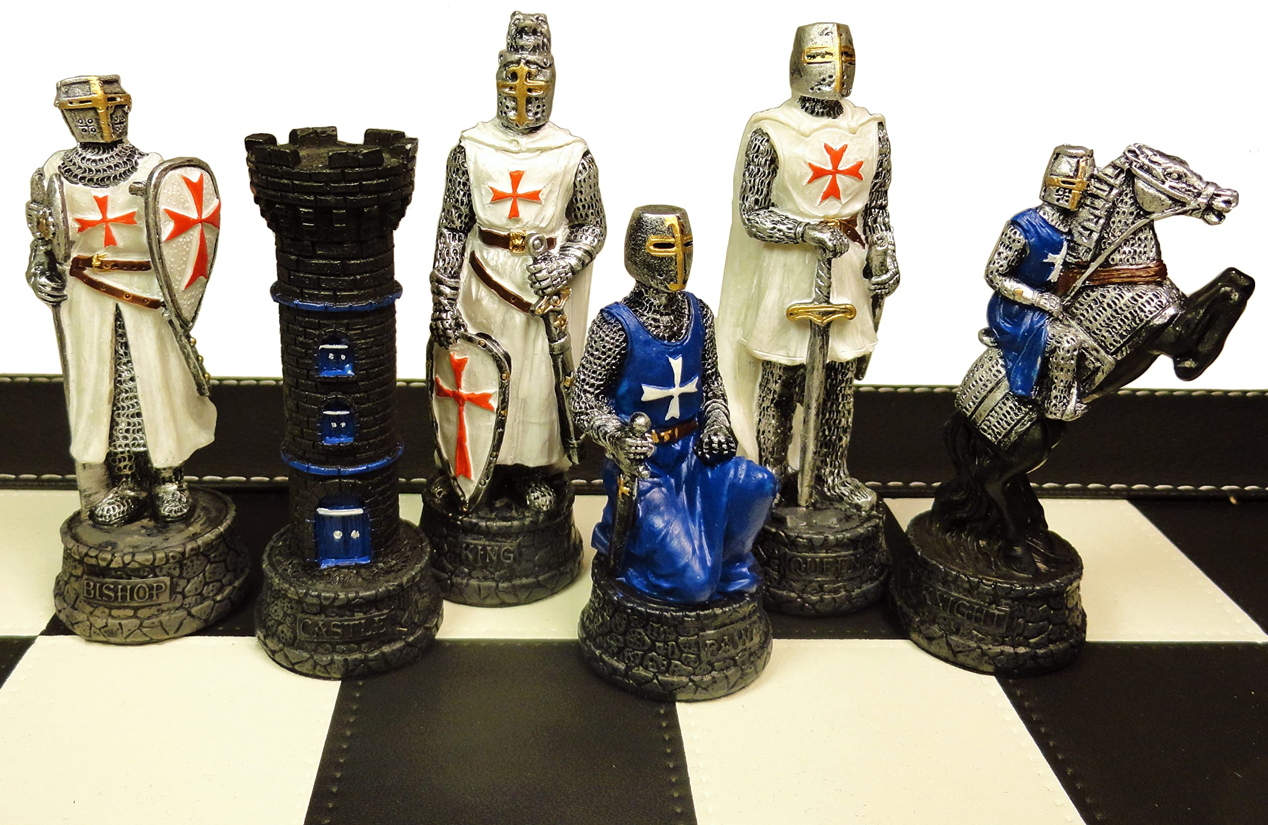 Hand-Painted Medieval Crusades Warrior Chess Set - White & Blue Pieces with 18
