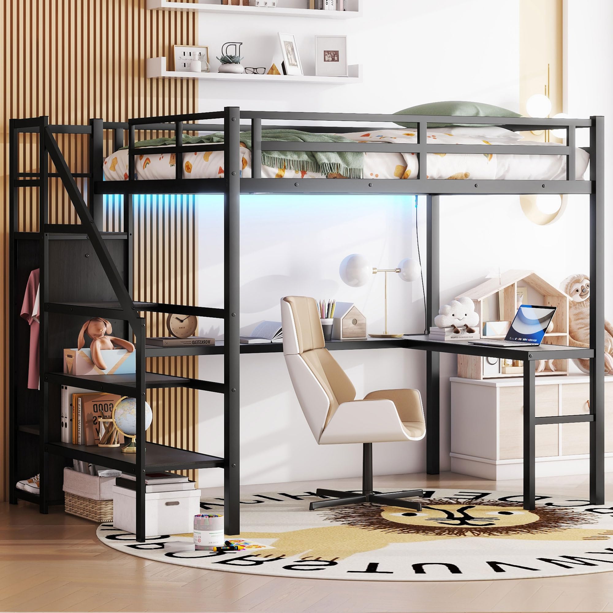 Full Size Loft Bed with Desk, Storage Shelf & Stairs - Space-Saving Metal Loft Bed with Wardrobe, Charging Station & RGB LED Lights for Adults, Teens & Kids | Perfect for Small Bedrooms, Dorms & Studio Apartments (Black)