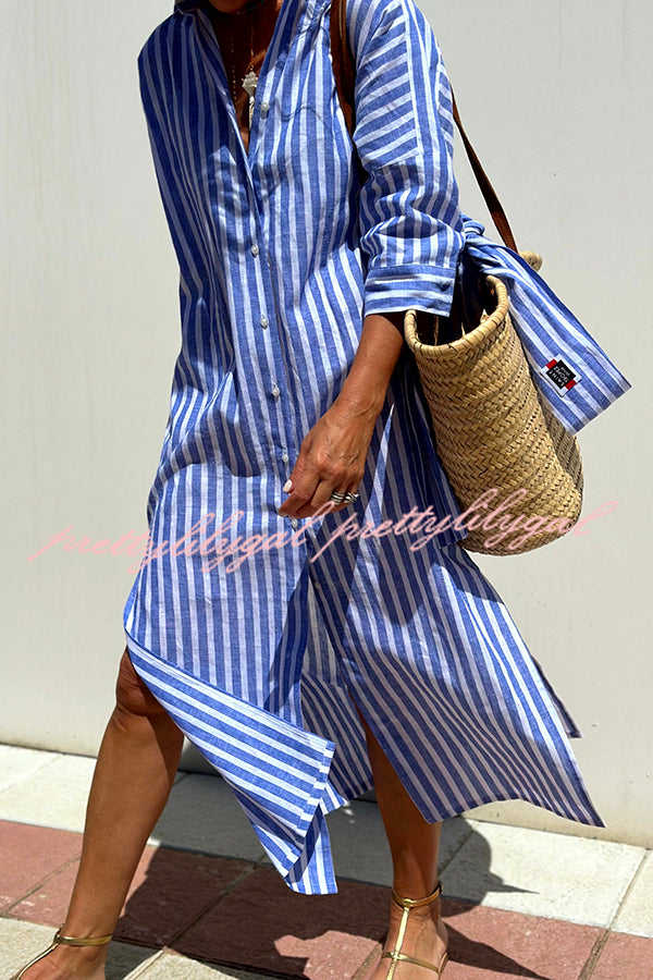 Summer Splendor Printed Button Half Sleeve Belt Loose Shirt Midi Dress - Flowy Boho Chic Outfit for Beach Vacation, Date Night & Casual Wear