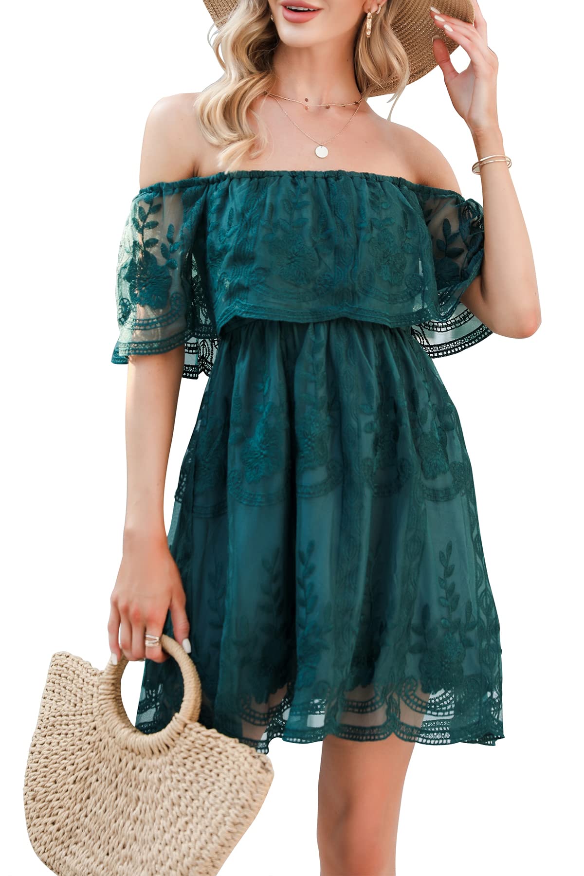 HOYISHION Women's Floral Embroidered V-Neck Lace Mini Dress - Short Sleeve Cocktail Party Dress for Wedding Guest, Date Night & Special Occasions