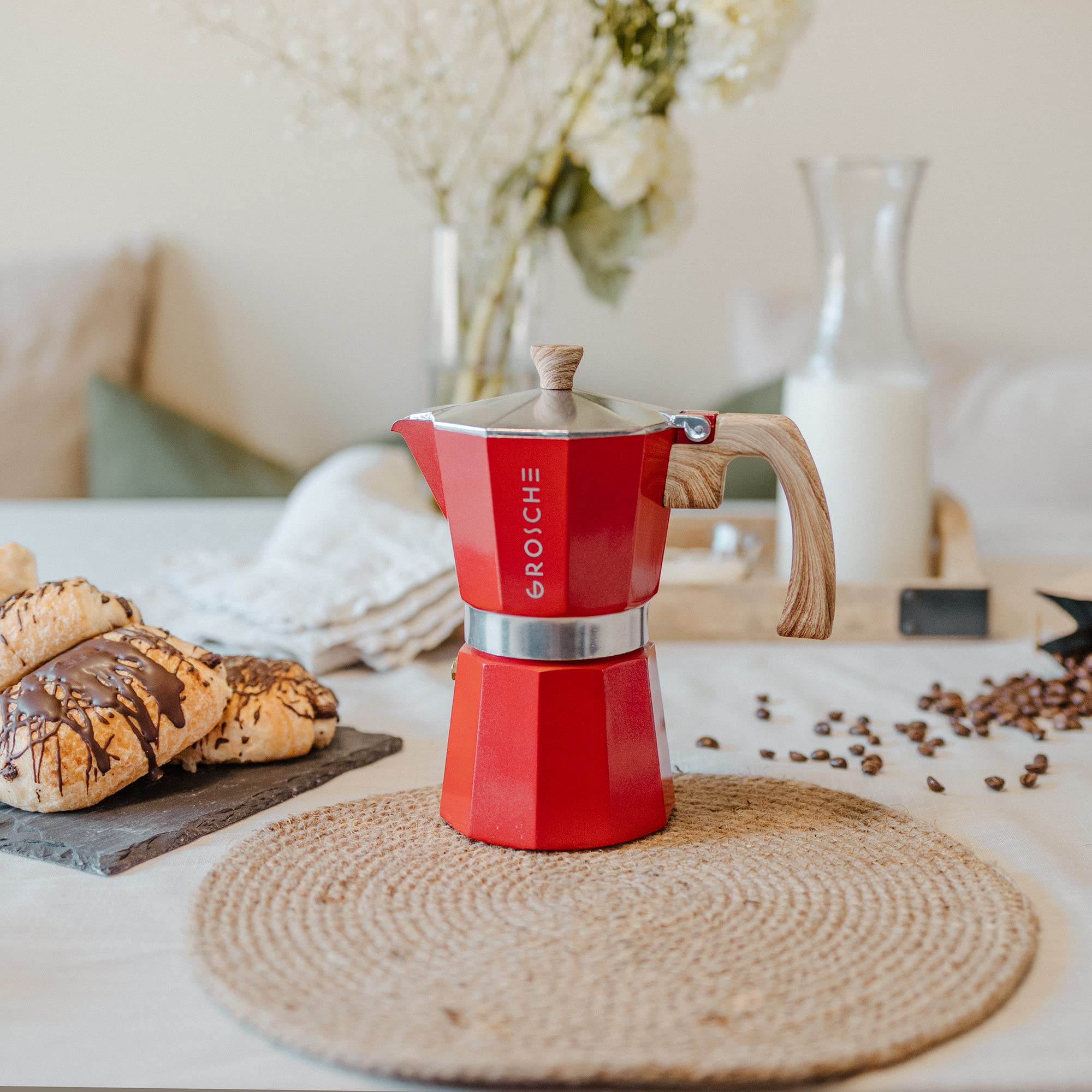 GROSCHE Milano Stovetop Espresso Maker - 3 Cup Moka Pot (5oz) - Italian Coffee Maker for Home & Travel - Perfect for Espresso, Cuban Coffee & Percolator Brewing - Red