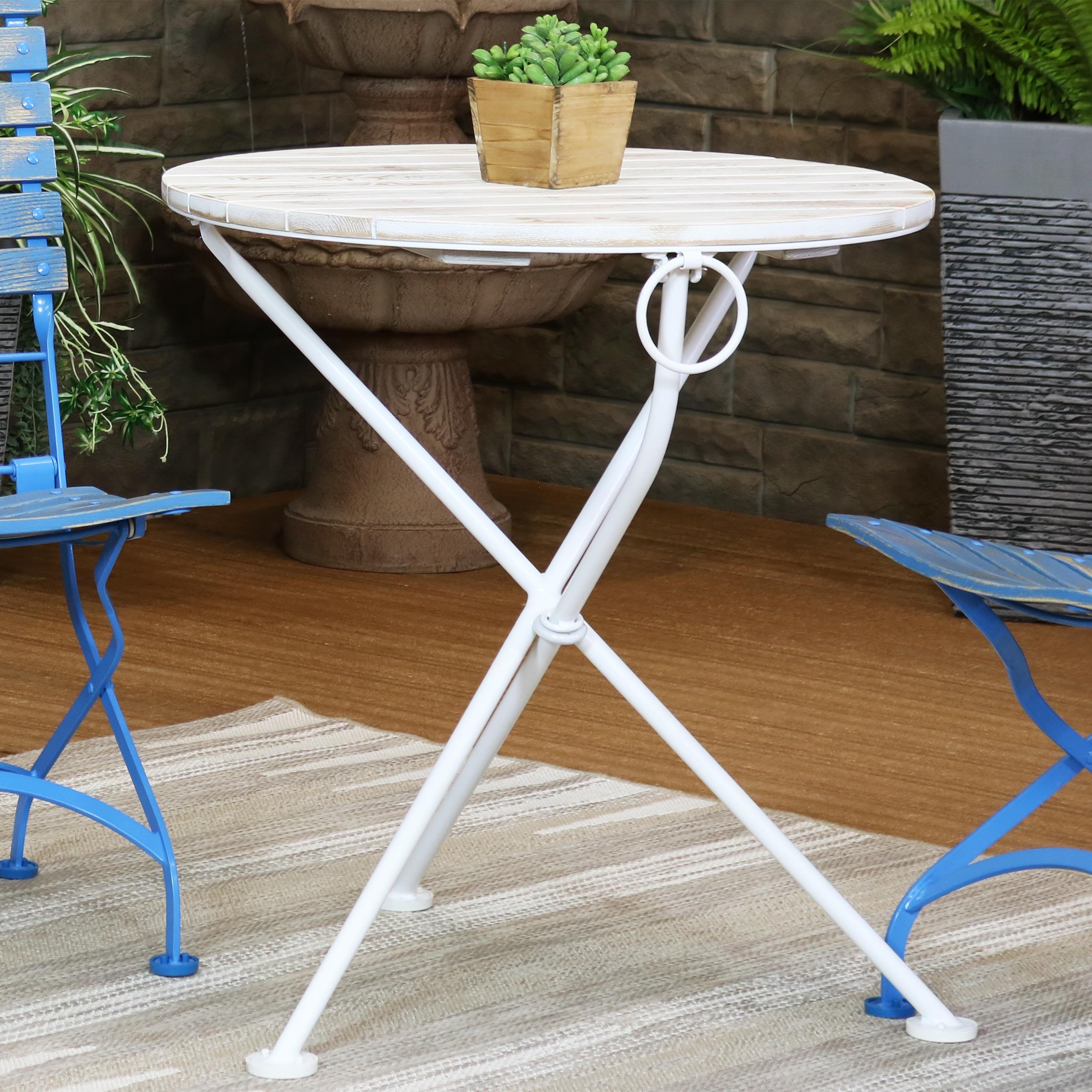 Sunnydaze French Country European Chestnut White Bistro Table - 28 Inch Round Outdoor Dining Set for Patio, Garden & Cafe