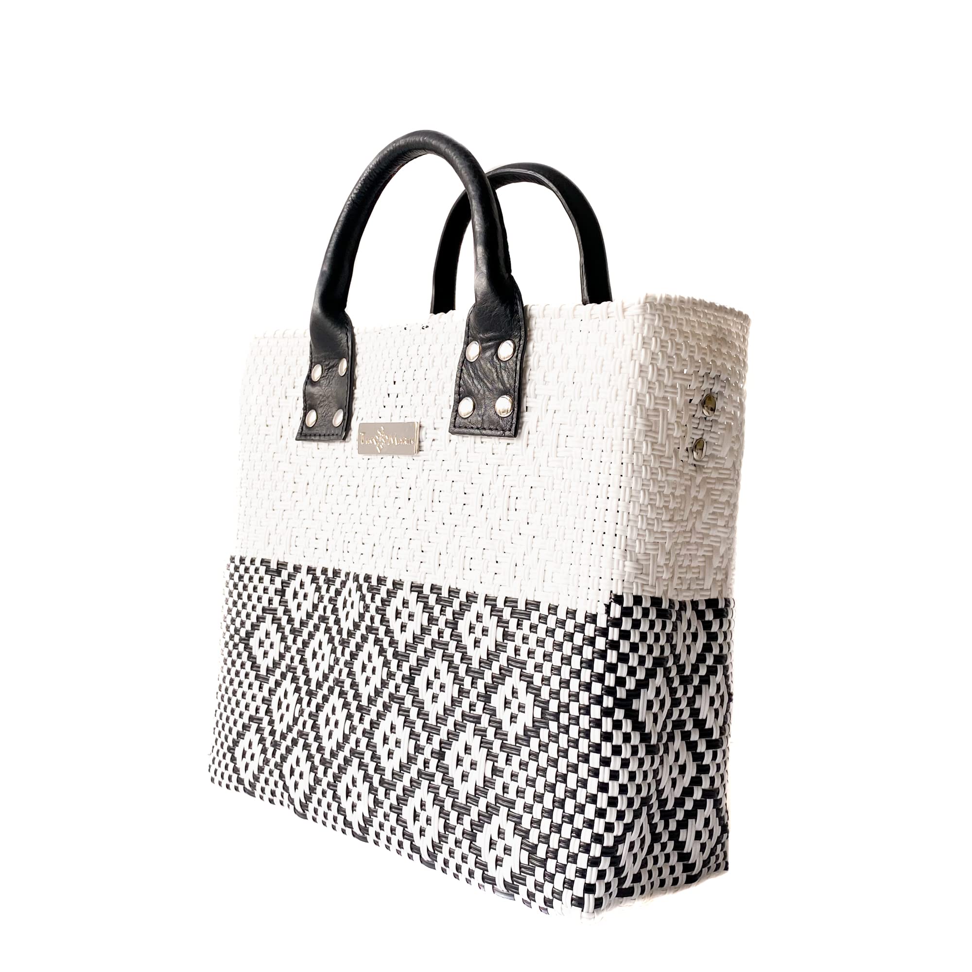 Eco-Friendly White Large Woven Crossbody Bag with Black Leather Handles & Adjustable Strap - Handcrafted Recycled Plastic Purse | Mexican Oaxaca Style Tote for Women | Perfect Summer Bag, Work Bag & Everyday Purse for Office, Travel & Shopping