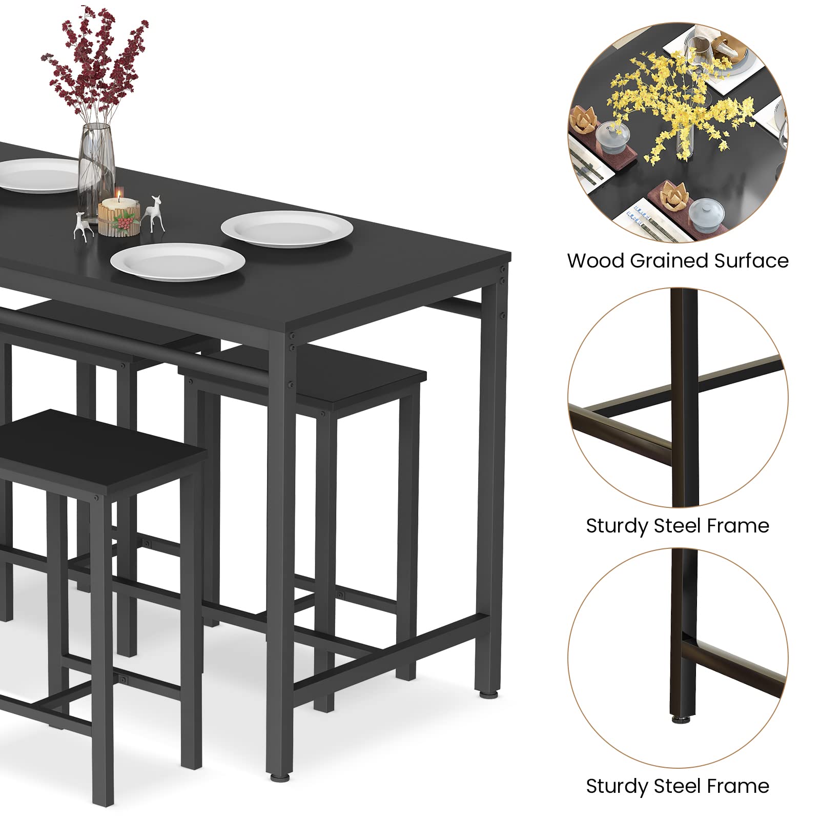 Modern 5-Piece Counter Height Dining Bar Table Set for 4 - Black Bar Table & 4 Stools for Small Spaces, Apartments, Pubs, Kitchen & Dining Room - Perfect for Entertaining, Breakfast Nooks & Compact Living Areas
