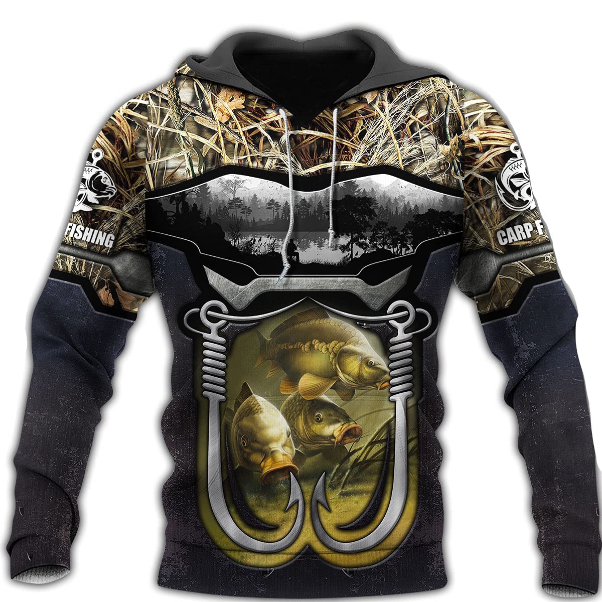 Carp Fishing Camo Gone Fishing Hoodie - 3D Print Men's Zip Up Hooded Sweatshirt, Unisex Sizes S-5XL - Perfect for Outdoor Fishing, Camping & Casual Wear