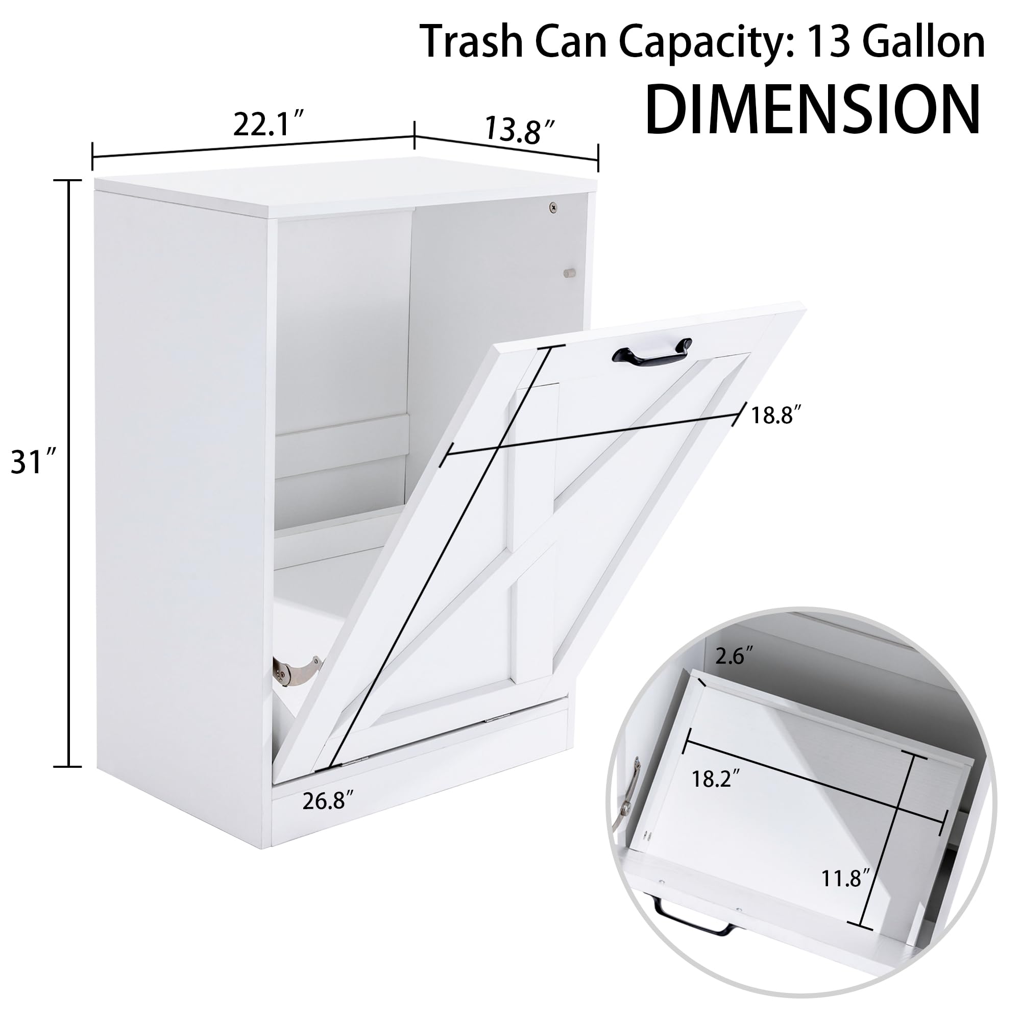13 Gallon Wooden Tilt-Out Trash Cabinet - Hidden Kitchen Trash Can with Recycling Bin, Laundry Storage Cabinet for Kitchen & Living Room (White) - Perfect for Small Spaces & Home Organization