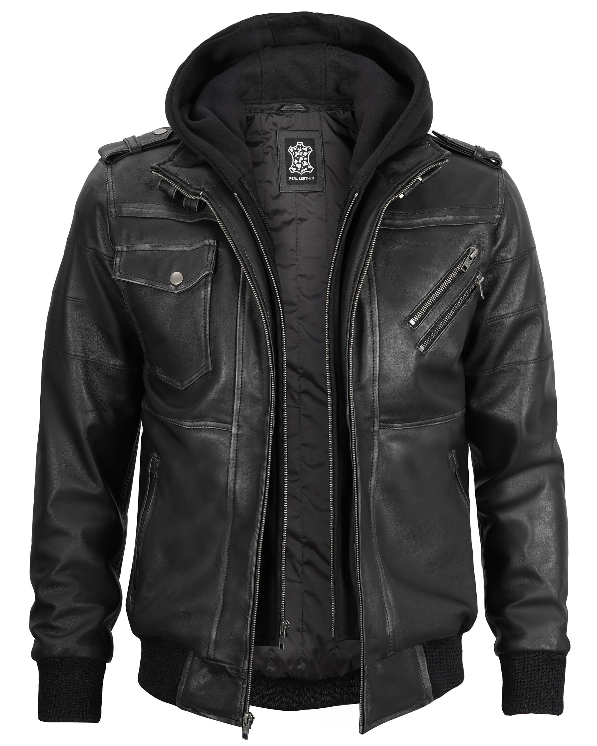 Decrum Men's Hooded Leather Bomber Jacket - Genuine Leather Jacket with Removable Hood for Casual Wear & Outdoor Activities