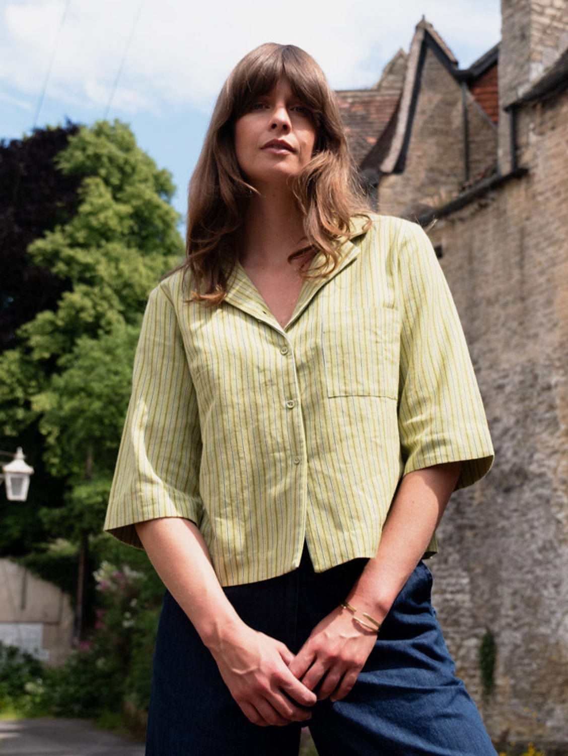 Gina Women's Cotton & Linen Casual Shirt - Soft & Breathable Avocado Stripe Blouse for Spring & Summer | Perfect for Office, Travel & Everyday Wear