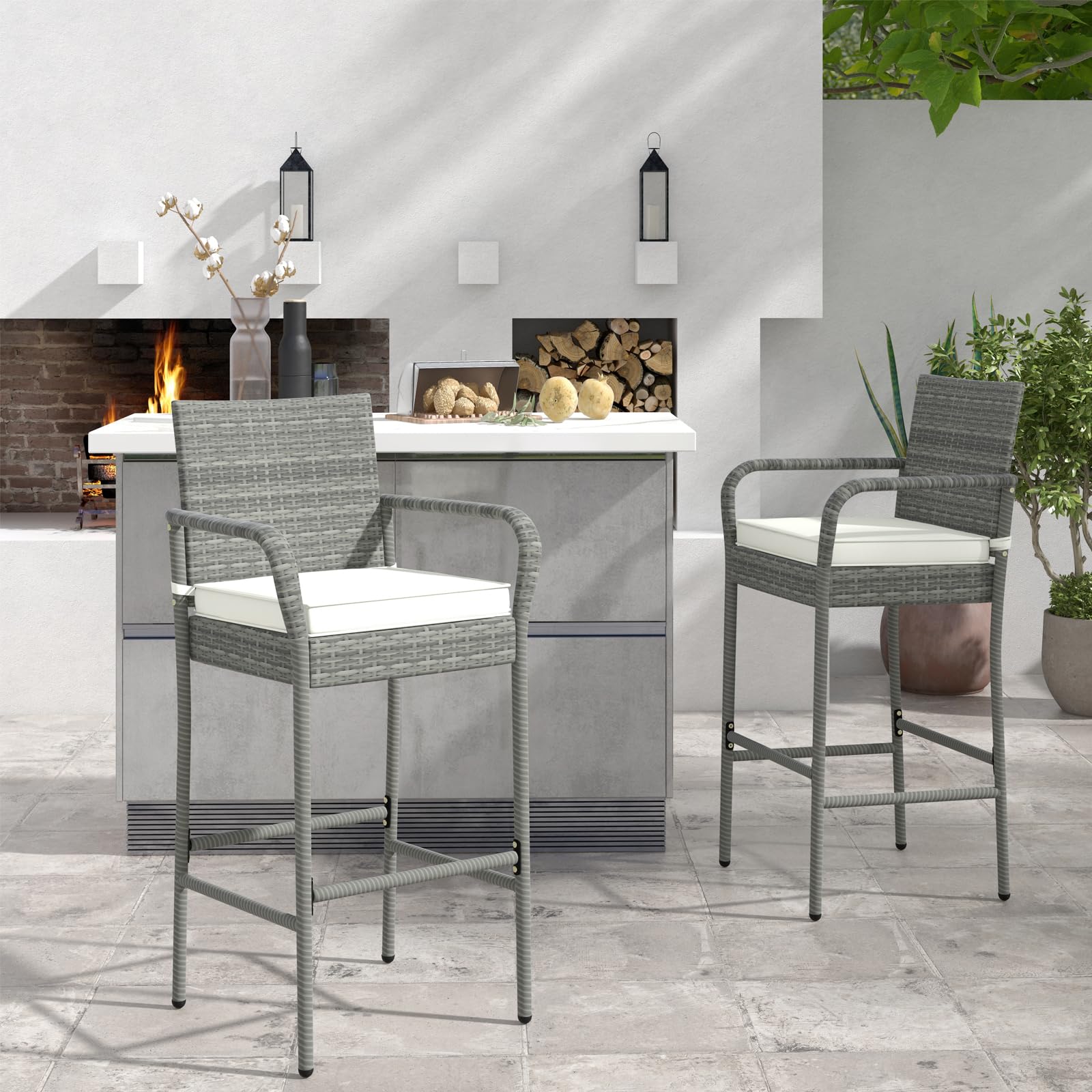 COSTWAY 4-Piece Wicker Bar Stool Set with Cushions - Patio Bar Height Chairs with Armrests & Footrests - Outdoor Rattan Barstools for Backyard, Deck, Pool - 400 lbs Weight Capacity - Mix Gray - Perfect for Outdoor Dining, Entertaining & Relaxing