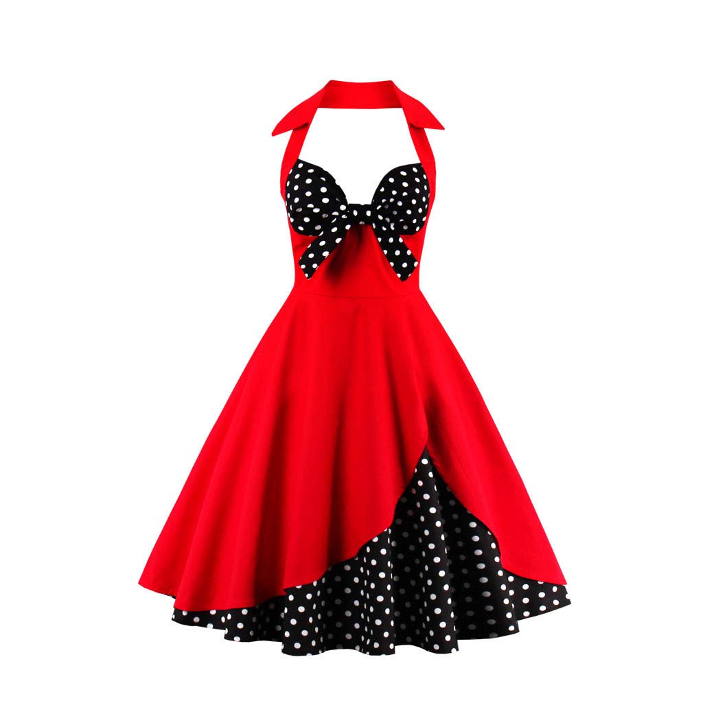 Vintage Polka Dot Halter Midi Dress for Women - Floral Spring Cocktail Dress - Perfect for Garden Parties, Brunch & Date Nights