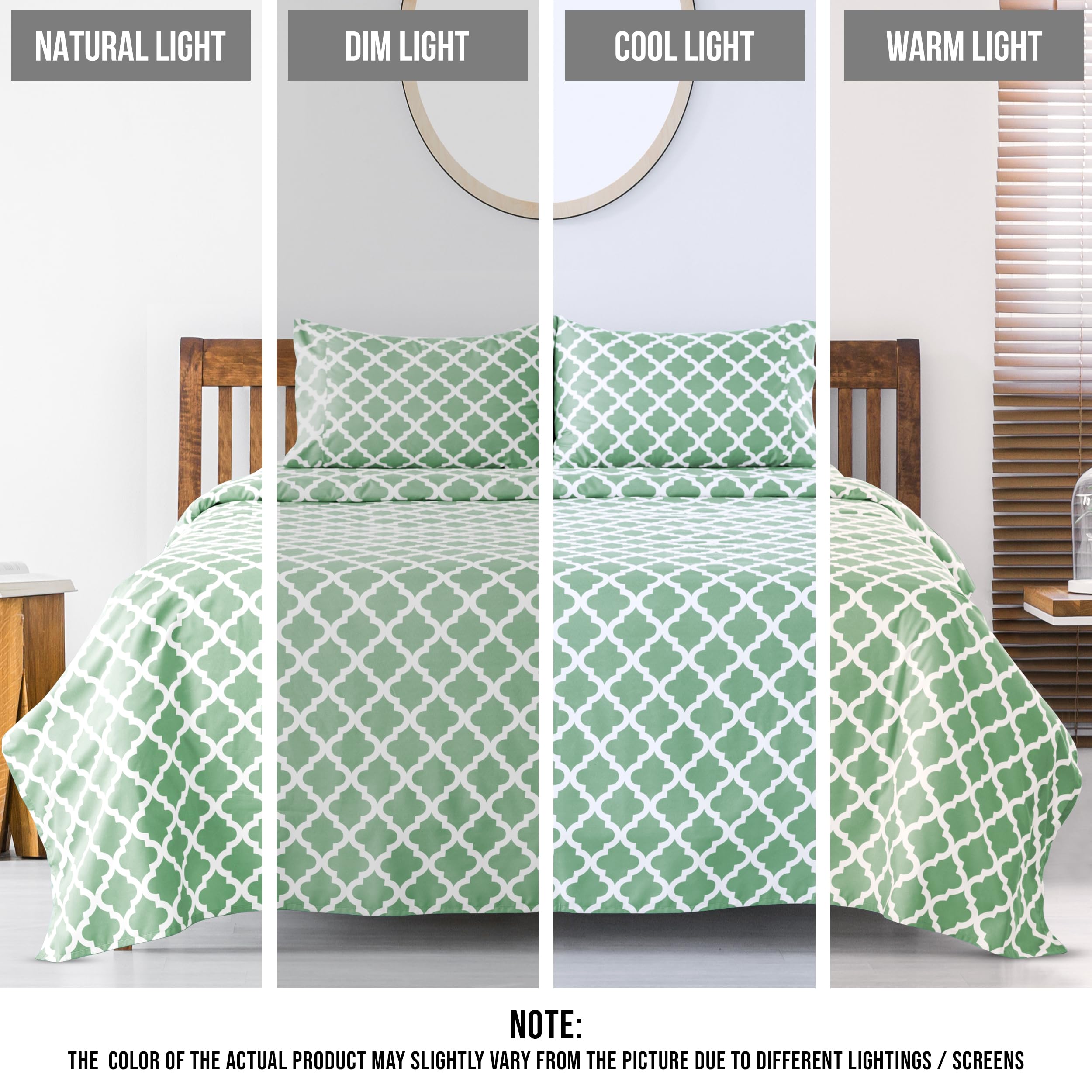 Lux Decor California King Size Bed Sheets Set - 4-Piece Cooling & Breathable Microfiber Sheet Set with Deep Pockets | Hotel Style, Soft, Wrinkle-Free & OEKO-TEX Certified Quatrefoil Design (Sage Green) - Perfect for Hot Sleepers, Guest Rooms & Luxury Bedroom Decor