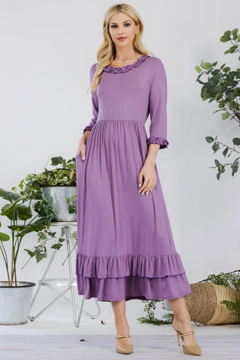 Celeste Women's Full Size Layered Ruffle Hem Dress with Pockets - Elegant Flowy Maxi Dress for Summer, Beach, Wedding & Special Occasions