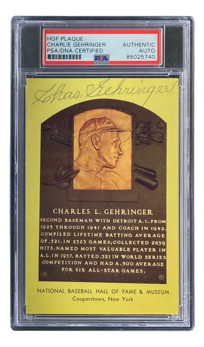 Charlie Gehringer Autographed 4x6 Detroit Tigers Hall of Fame Plaque Card with PSA/DNA Certification #85025740 - Perfect for Baseball Memorabilia Collectors and Detroit Tigers Fans Display