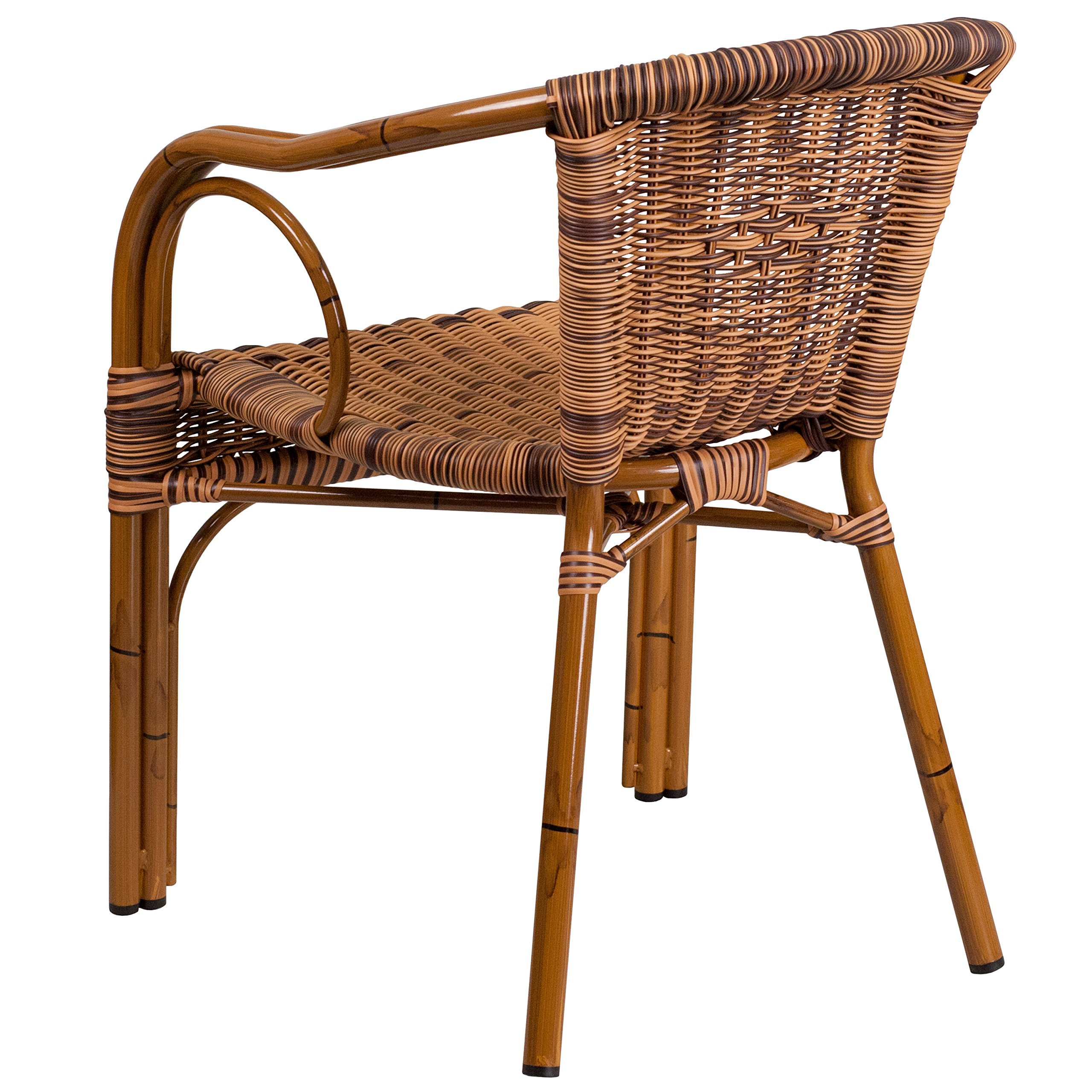 EMMA + OLIVER Brown Rattan Patio Chair with Dark Red Bamboo-Aluminum Frame - Outdoor Dining, Poolside Relaxation, Garden Decor, Backyard Furniture for Patio, Deck or Balcony
