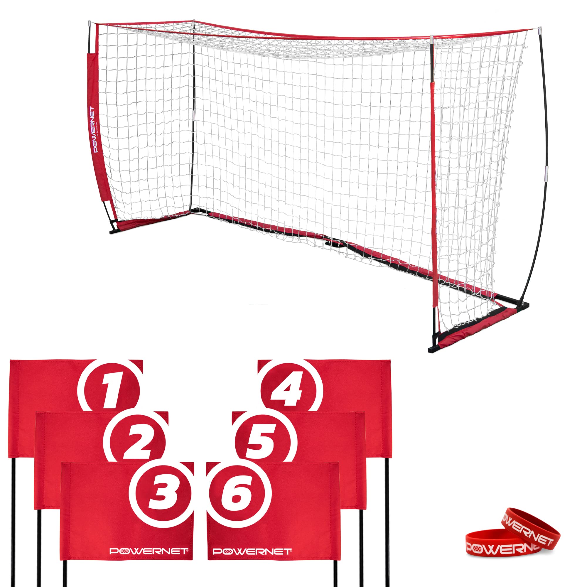 PowerNet 12 x 6 ft Soccer Goal with Sports Flags Bundle - Portable Soccer Net for Backyard, Training & Games - Durable Football Goal for Kids & Adults