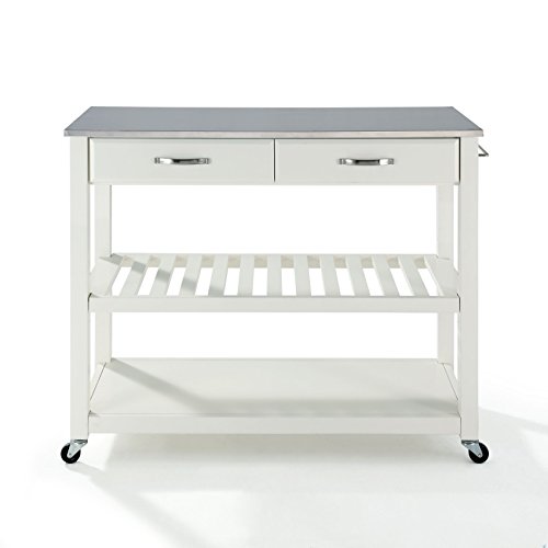 Premium Stainless Steel Kitchen Cart with Stool Storage - White Finish | Rolling Kitchen Island for Small Spaces, Food Prep & Extra Counter Space
