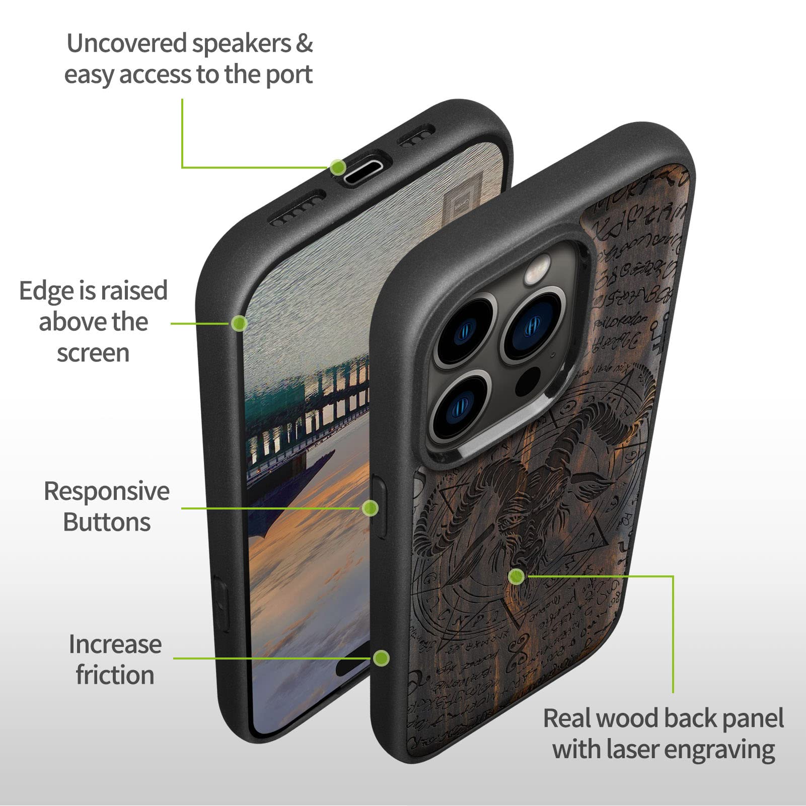 Carveit Magnetic Wood Case for iPhone 14 Pro Max - Natural Wood & Black TPU Shockproof Cover with Magsafe Compatibility | Premium Wooden Phone Case (Baphomet Blackwood Design) for Business & Outdoor Protection